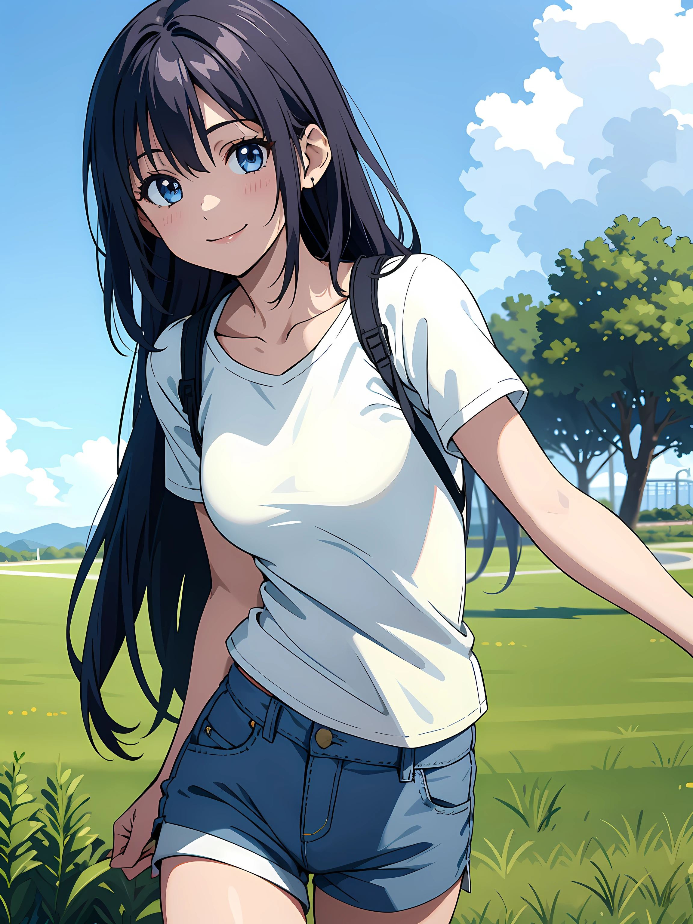 A girl with a cute smile, wearing a white t-shirt and shorts, standing in a grassy field with a blue sky in the background.