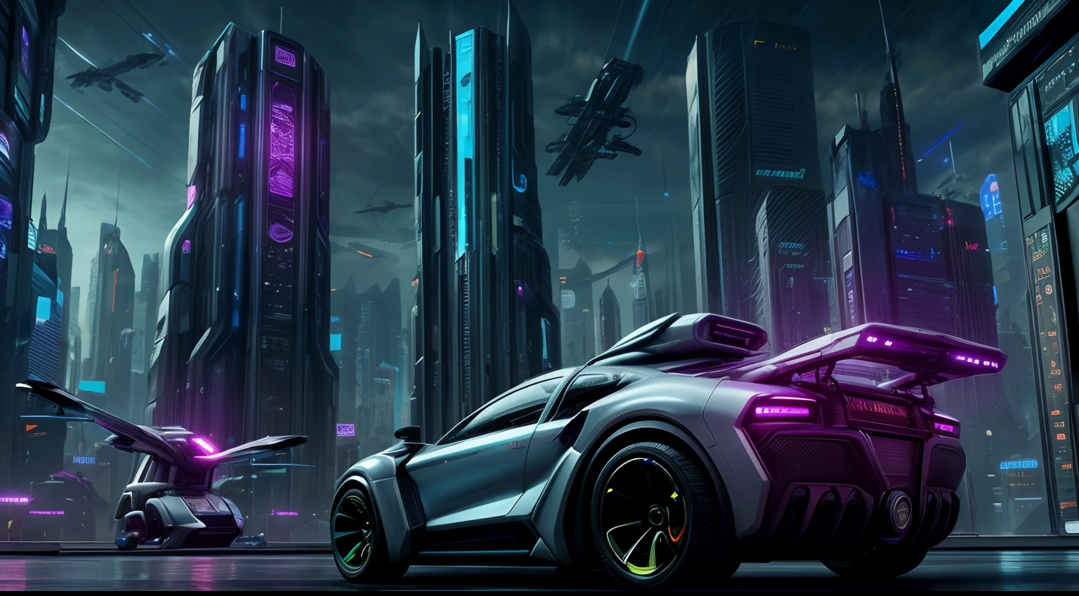 "A futuristic cityscape with flying cars, in a cyberpunk style. Hyper-detailed and realistic, 8k resolution."