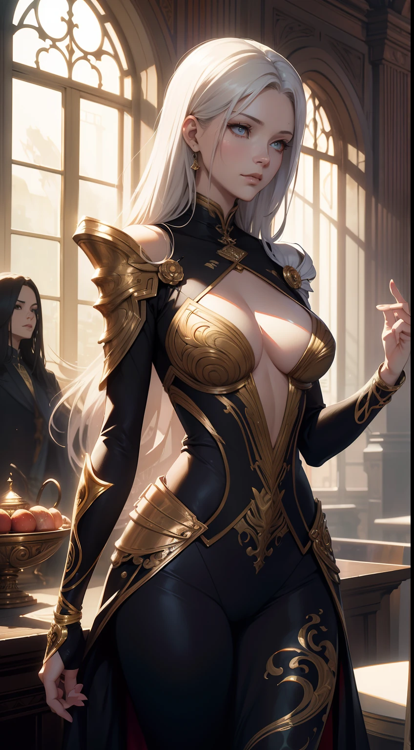 best quality, beautiful sexy mature woman, perfect, flawless, detailed, intricate, white and gold, trending in artstation, stanley artgerm lau cinematic wallpaper, wlop, rossdraws, james jean, andrei riabovitchev, marc simonetti, yoshitaka amano. james jean and gustav klimt background, julie bell light, porcelain skin, zdislaw beksinski style, dynamic lighting,