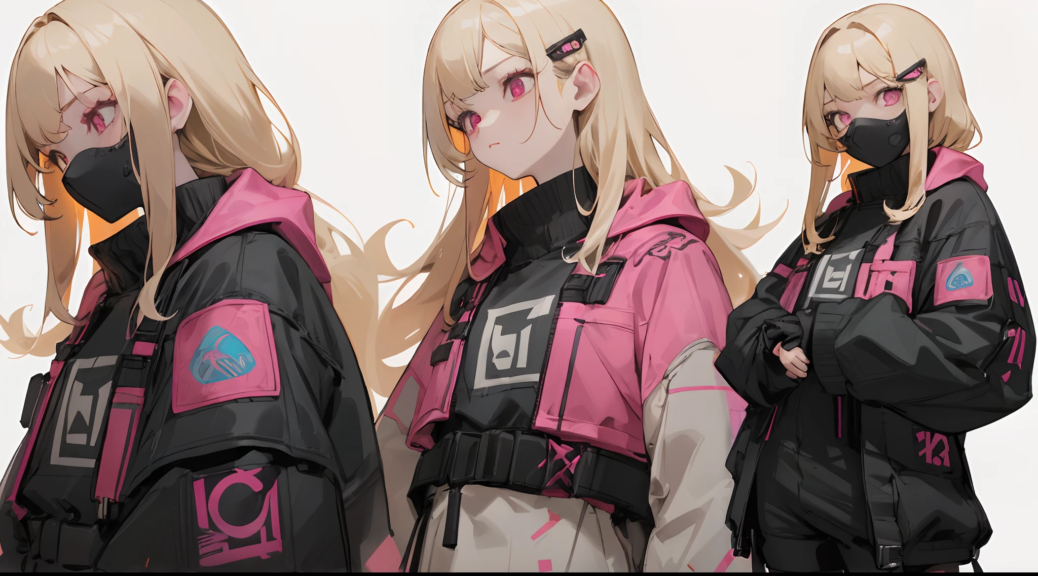 Masterpiece: 1.6, Best Quality: 1.4, Live Image: 1.2, intricate details: 1.2, Graphicsournerv2: 1.2, petite girl, blonde hair, blonde woman, hairlong, bright pink eyes, pastel colours, big breastes, Cute hair clips, tattoos on body, bracelets on hands, The clothes: Modern clothes, Cyberpunk outfit, (Single background, whitebackground: 1.3), multiple views, Multiple views of the same character in the same outfit: 1.3.
