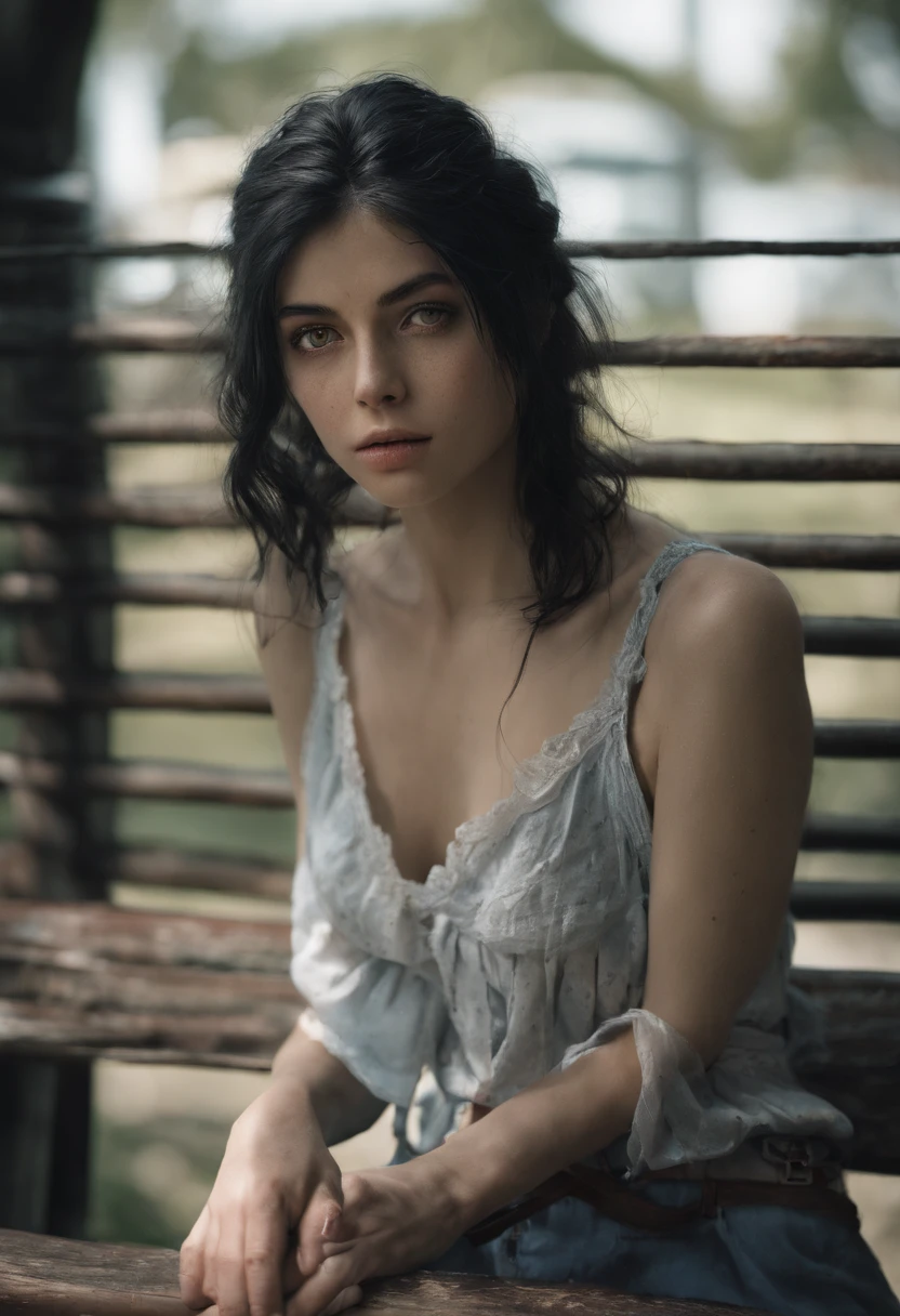 Masterpiece, award winning photo, extremely detailed, amazing, fine detail, extremely detailed eyes and face, by lee jeffries nikon d850 film stock photograph 4 kodak portra 400 camera f1.6 lens rich colors hyper realistic lifelike texture dramatic lighting unrealengine trending on artstation cinestill 800 tungsten, beautiful woman, long black hair, perfect face, perfect body, perfect pale blue eyes, sitting on a bench