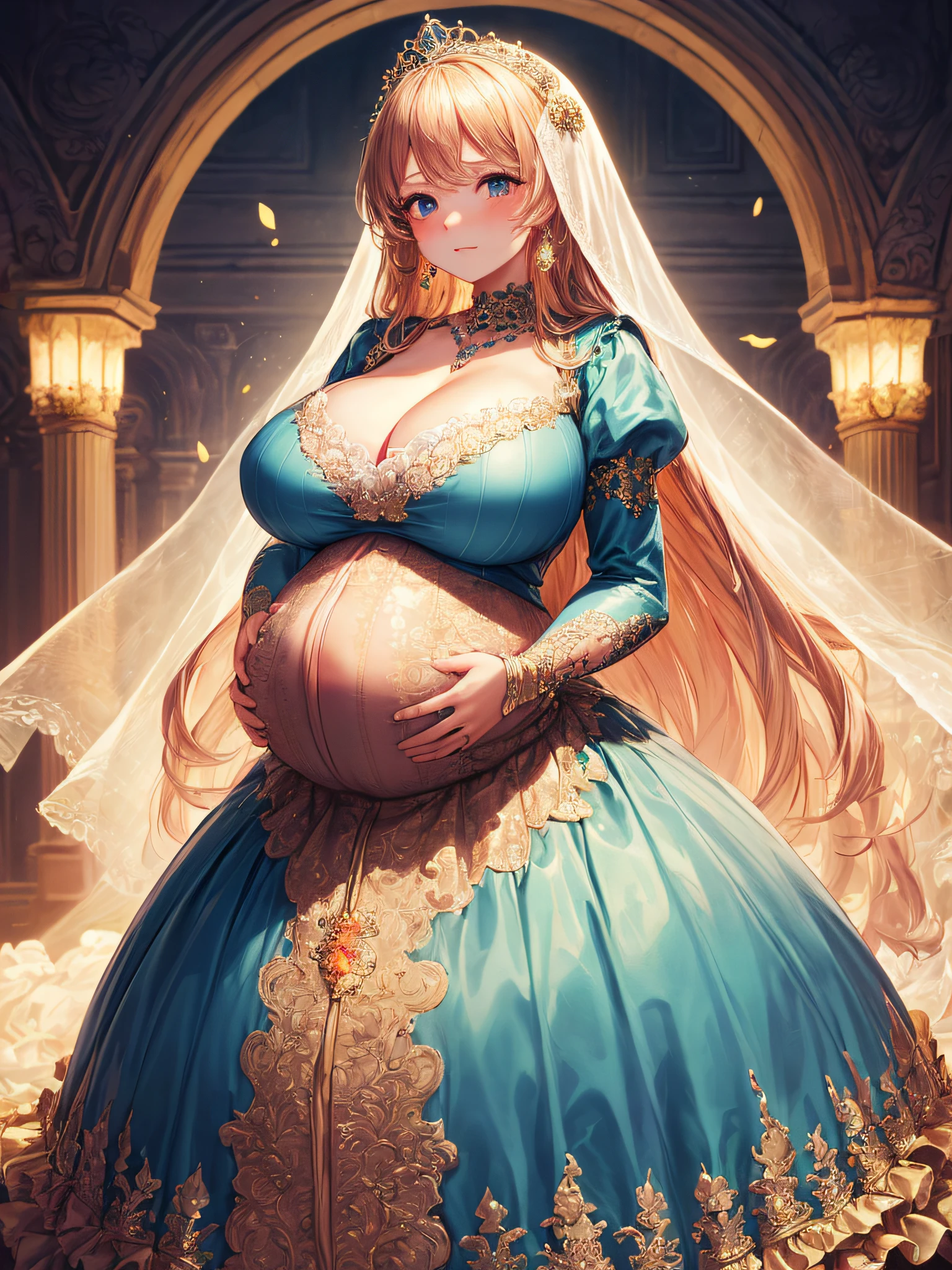 (masterpiece, best quality,extremely detailed:1.1),(moe anime art style:1.2),1girl,((full body,focus face)),((solo)), cute, kawaii,digital art,((1 bling-bling pregnant princess wearing beautiful embroidery and jeweled gorgeous rococo ballgown with jeweled voluminous full length hoop skirt)),(((heavily pregnant))),very big pregnant belly,((crinoline)),long train,voluminous frills,See-through,(gorgeous embroidery and beautiful lace),((very gigantic boobs,skindentation)),cleavage,shiny hair,(((very long straight hair,large amount of straight hair))),((embarrassed)),anguish,((finely detailed face and eyes)),clear pupil,extremely gorgeousfull hair ornament,(bling-bling jeweled extremely gorgeousfull tiara),(bling-bling gorgeous gemstone jewelry),long veil,beautiful background,fantasy background,flowers,flower petals flowing,full body,((beautiful embroidery and jeweled ruffled gorgeous rococo ballgown with voluminous full length hoop skirt))