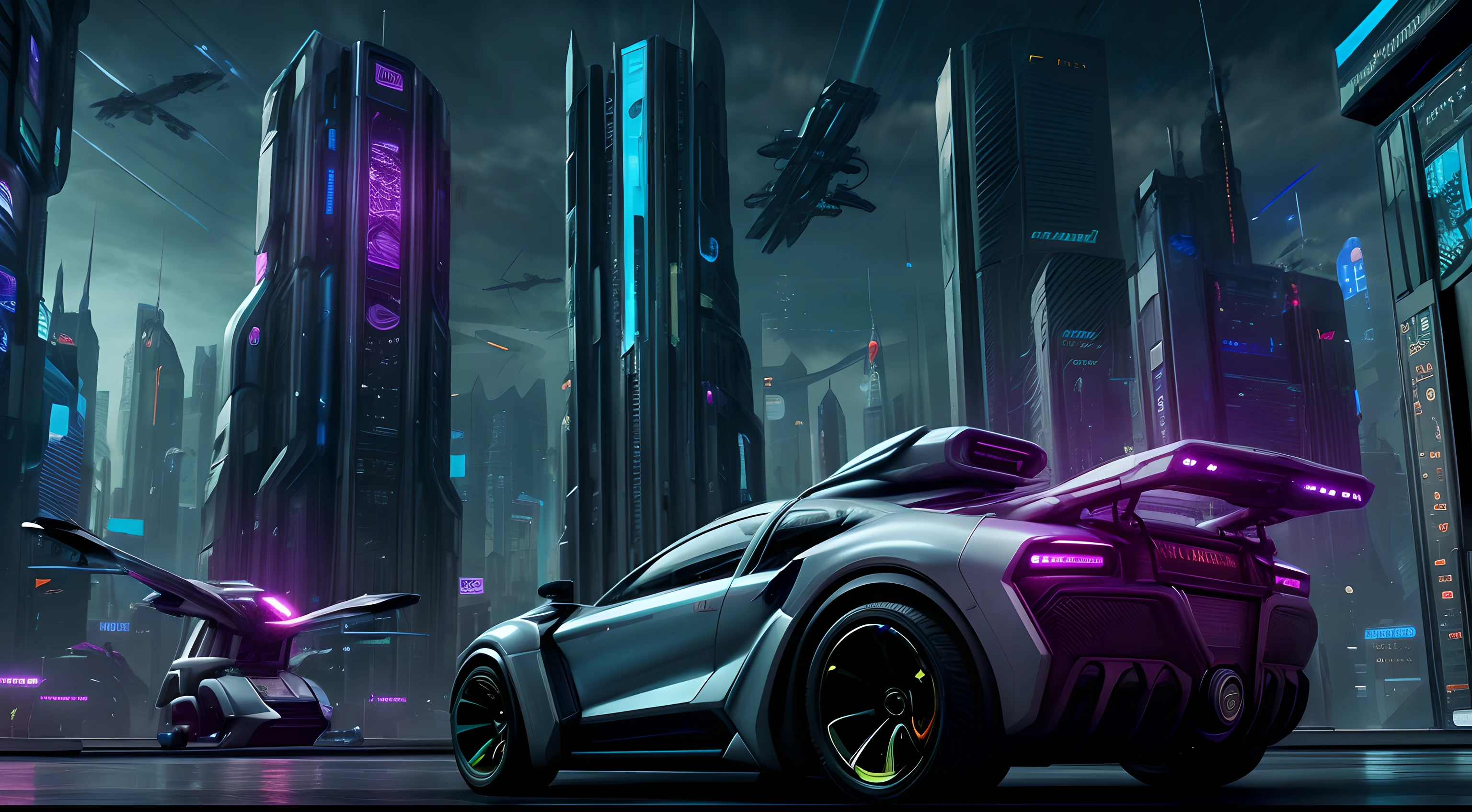 "A futuristic cityscape with flying cars, in a cyberpunk style. Hyper-detailed and realistic, 8k resolution."