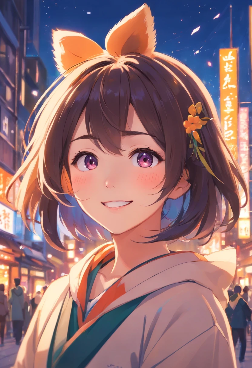 Hololive Korone Inugami, high-quality, realistic portrait, beautiful detailed eyes, beautiful detailed lips, extremely detailed expression, long eyelashes, cute smile, vibrant colors, soft lighting, professional rendering, bokeh background, anime style, close view:1.15