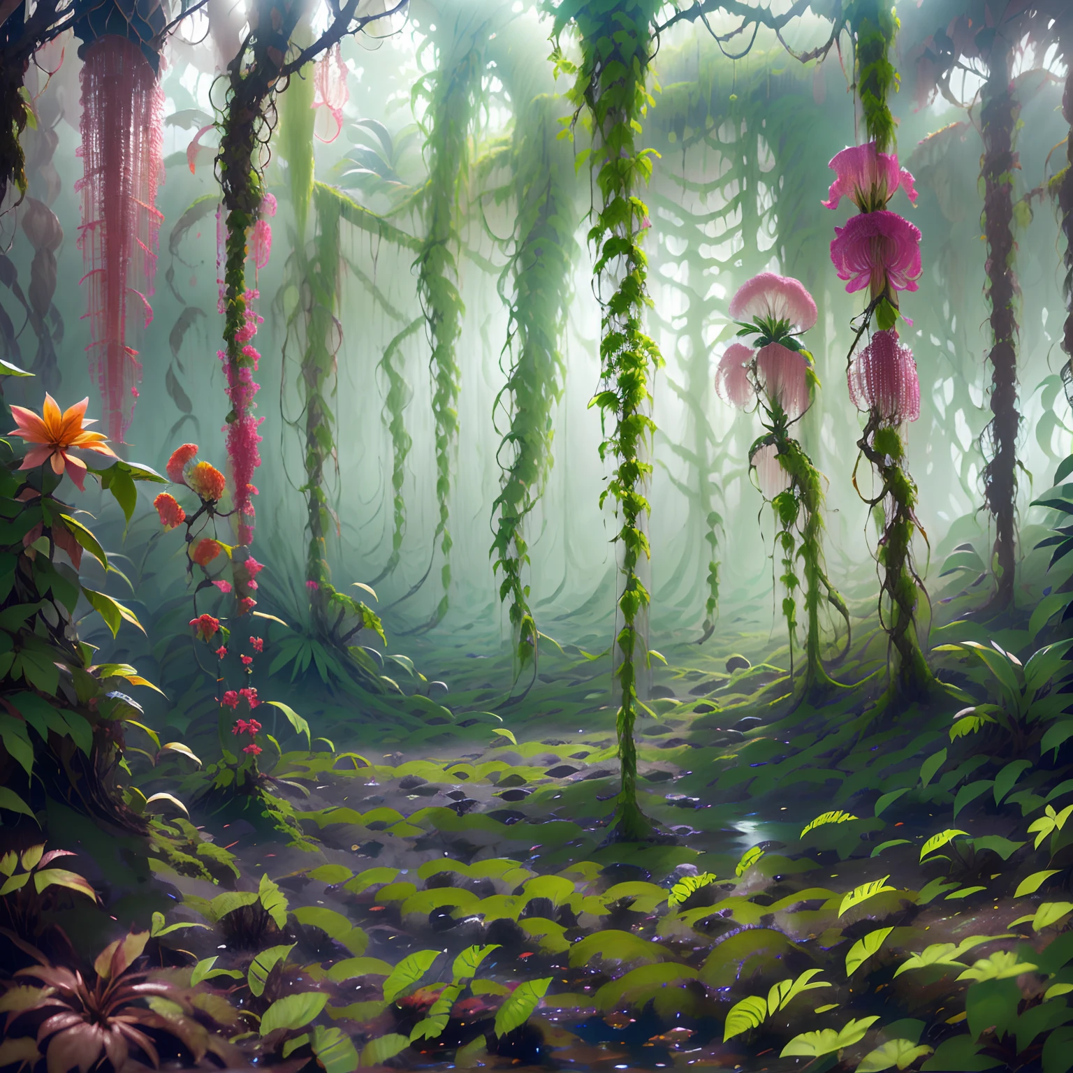 Lianas hang in the swamp, swamp lianas, Lianas hang from tree branches. Flowers, thickets, lakes, swamps, fog, jungle, small bushes, small flowers, dynamic lighting, water lake, big beautiful flower, bushes, jungle bush, root, big root, jungle plants, plants in waters
