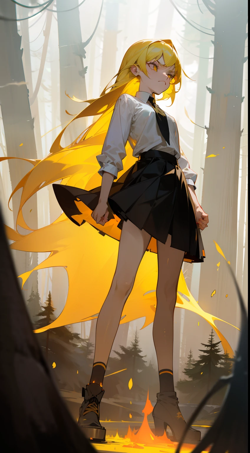 1girl small,solo,20s,angry face,(((woman face))),white shirt,black skirt, yellow hair,long hair,yellow eyes,closed arms,burning body,burning on floor,(((standing in front of a forest)))