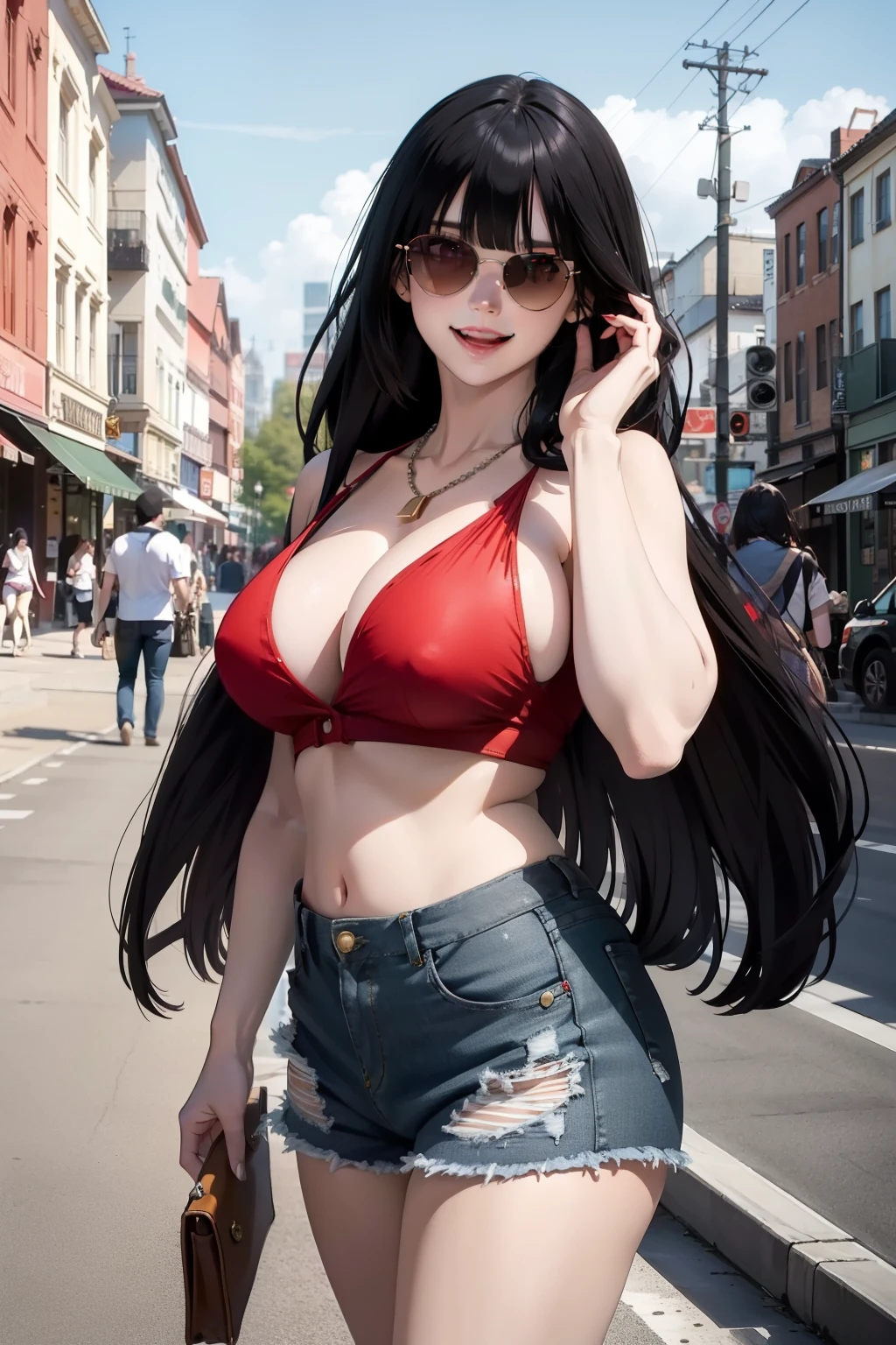 (masterpiece, best quality, ultra-detailed, 8k, wallpaper, photorealistic), (wide shot), beautiful girl, voluptuous body, perfect hands, (hmjy1), long straight hair, (blunt bangs), red eyes, psycho smile, excited smile, open mouth, erotic face, red face, bloodthirsty smile, (wear High-Waisted Denim Shorts, Crop Top), Espadrille Wedges, Layered Necklaces, Crossbody Bag, Sunglasses on her head