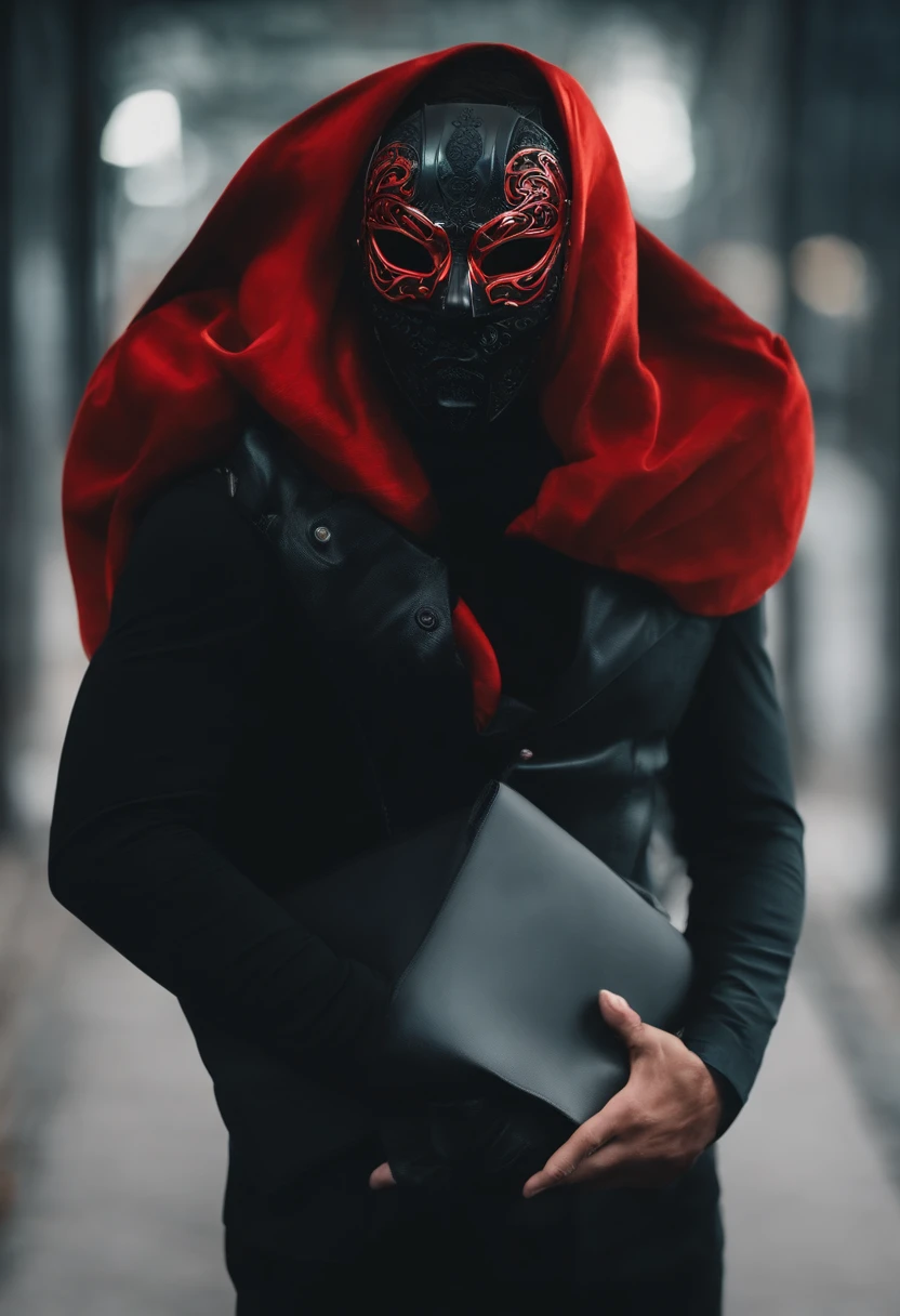 Retracted from a man with cinematic lights, who is wearing a mask that covers only half of their face. With a serious smile on his face and the mask with a smile that represents falsehood and deceit.