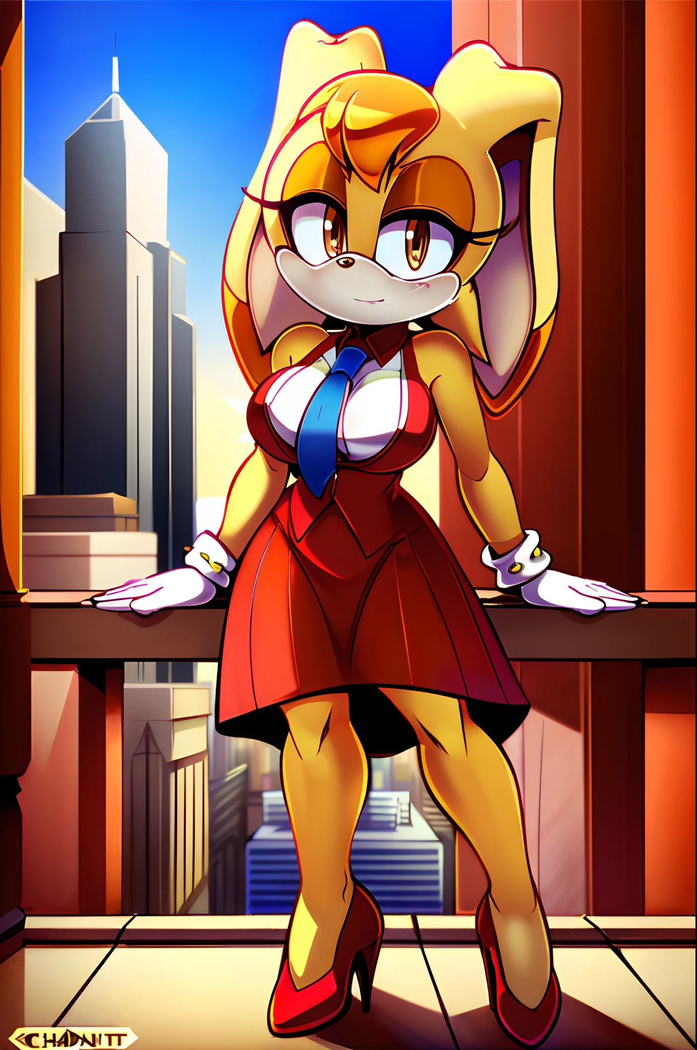 masterpiece, best quality, vanilla the rabbit, brown eyes, animal nose, sonic the hedgehog (series), short hair, orange hair, white gloves, looking at viewer, standing, red high heels, rabbit girl, medium breasts, breasts, sonic the hedgehog \(series\), furry, furry female, highly detailed, detailed background, mature female, city, buildings, outside, (uploaded on e621), (((by marthedog, by chadthecartoonnut, by avante92))), dress, blue ascot, red vest,