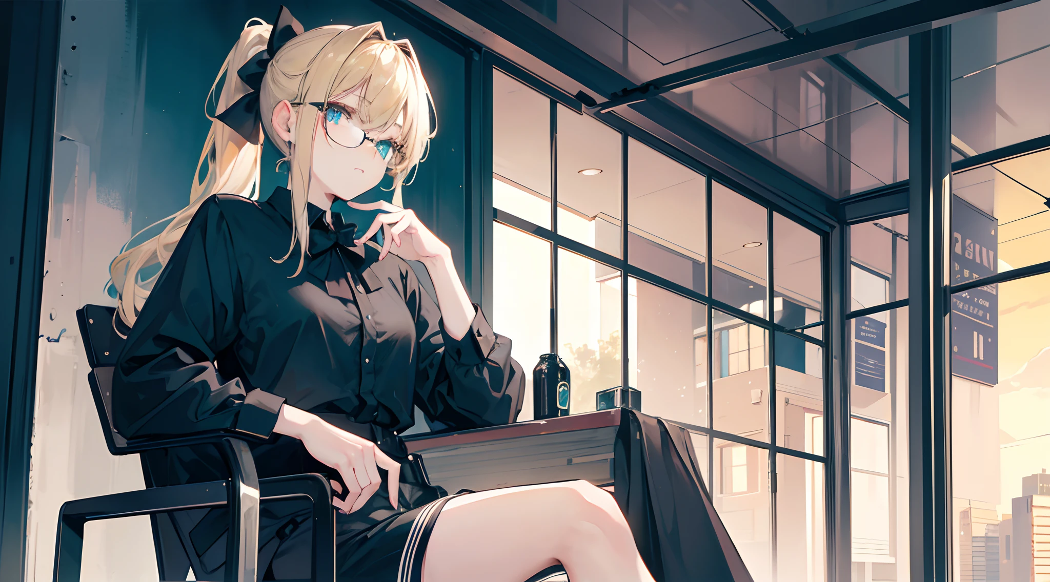 An 18-year-old woman with blond hair and turquoise eyes, a ponytail with a black bow tied in the back, wearing glasses, a black shirt and shorts.  sitting on a chair under the evening sky