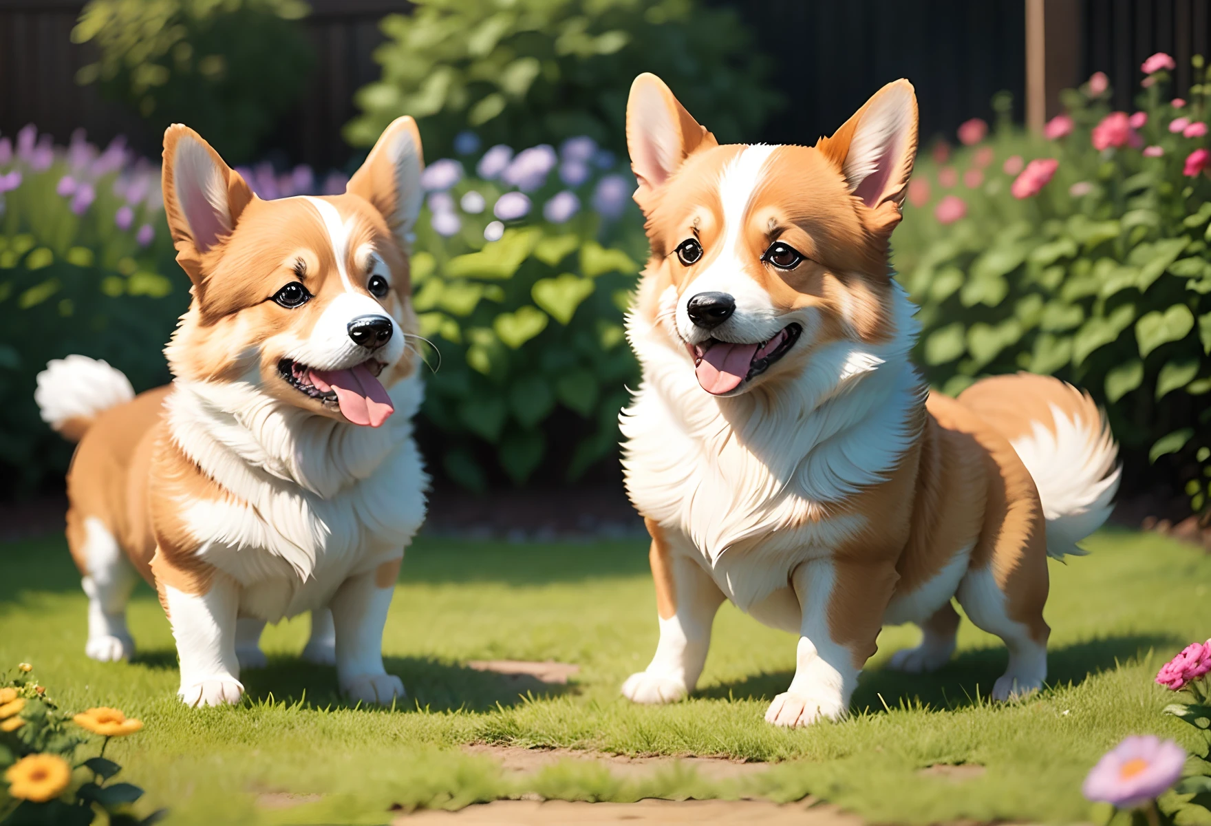 Corgi dogs playing together in a garden