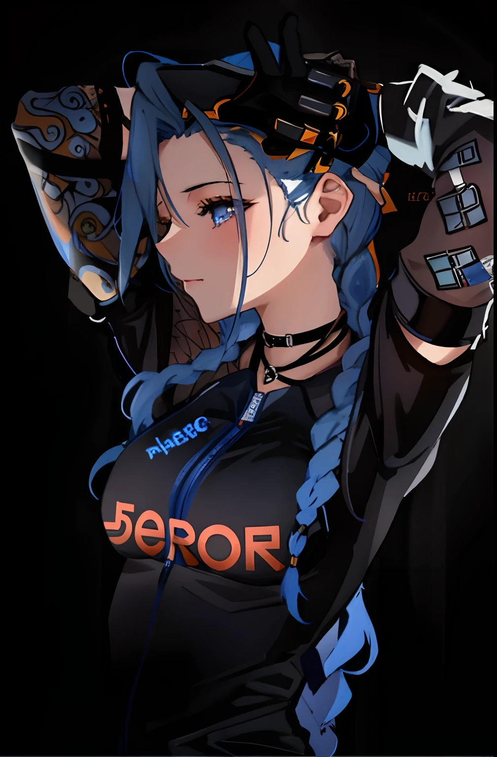 Jinx with an esport jersey noir et blue, "KC" logo, Aesthetic jersey, Writing"Karmine" au milieu du maillot noir et gris, cheveux blue , SHinobu Oshino , femme , SHinobu Oshino , peau blanche ,Anime, jersey noir et bleu, femme , normal size breast, woman face , woman hair , long hair , detailed hair , detailed face ,high quality , blue hair , detailed face , coherent face , there is written "Orange" on the jersey
