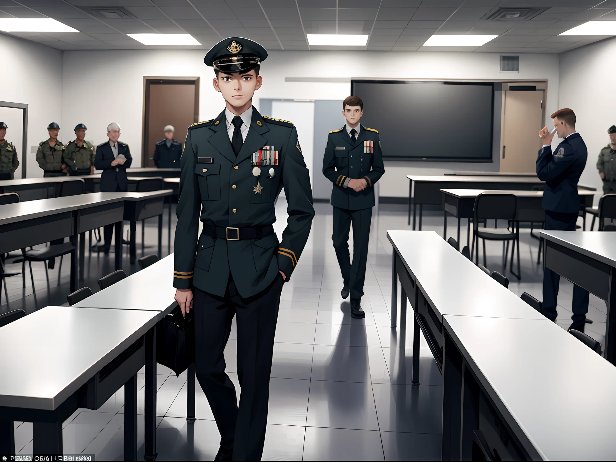 A young man,18yr old,in a soldier uniform,Look directly at the camera(1.5)In the background is a large courtroom hall,There are many large screens,The man standing in the courtroom,He was surrounded by crowds,The man is on trial in court,His expression of surprise and shock