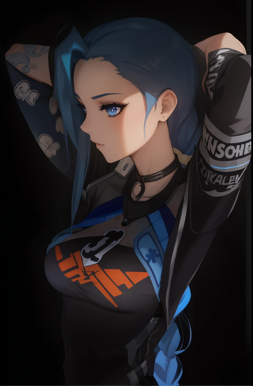 Jinx with an esport jersey noir et blue, "KC" logo, Aesthetic jersey, Writing"Karmine" au milieu du maillot noir et gris, cheveux blue , SHinobu Oshino , femme , SHinobu Oshino , peau blanche ,Anime, jersey noir et bleu, femme , normal size breast, woman face , woman hair , long hair , detailed hair , detailed face ,high quality , blue hair , detailed face , coherent face , there is written "Orange" on the middle of the jersey