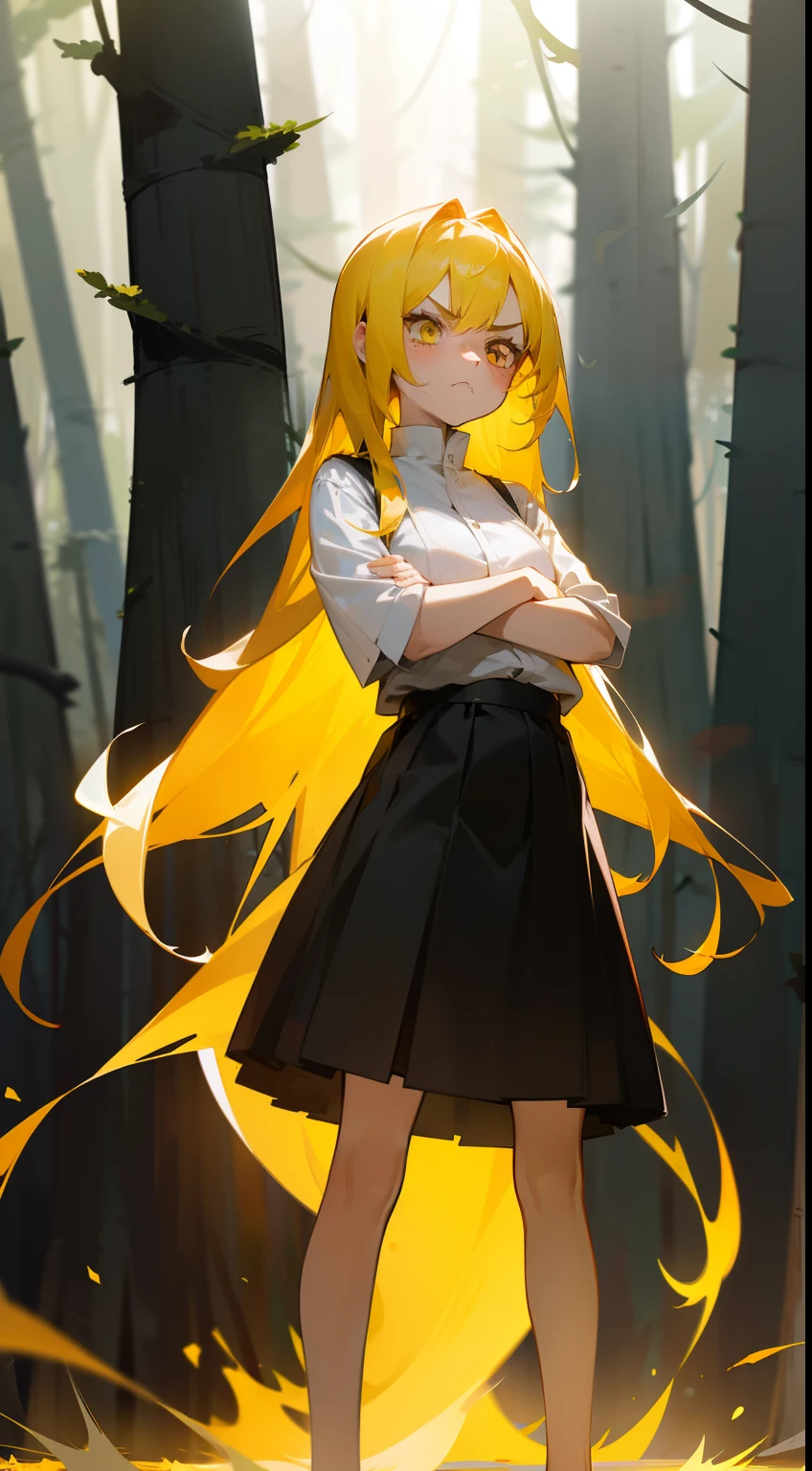 1girl small,solo,20s,angry face,(((woman face))),white shirt,black skirt, yellow hair,long hair,yellow eyes,(closed arms),burning body,burning on floor,(((standing in front of a forest)))