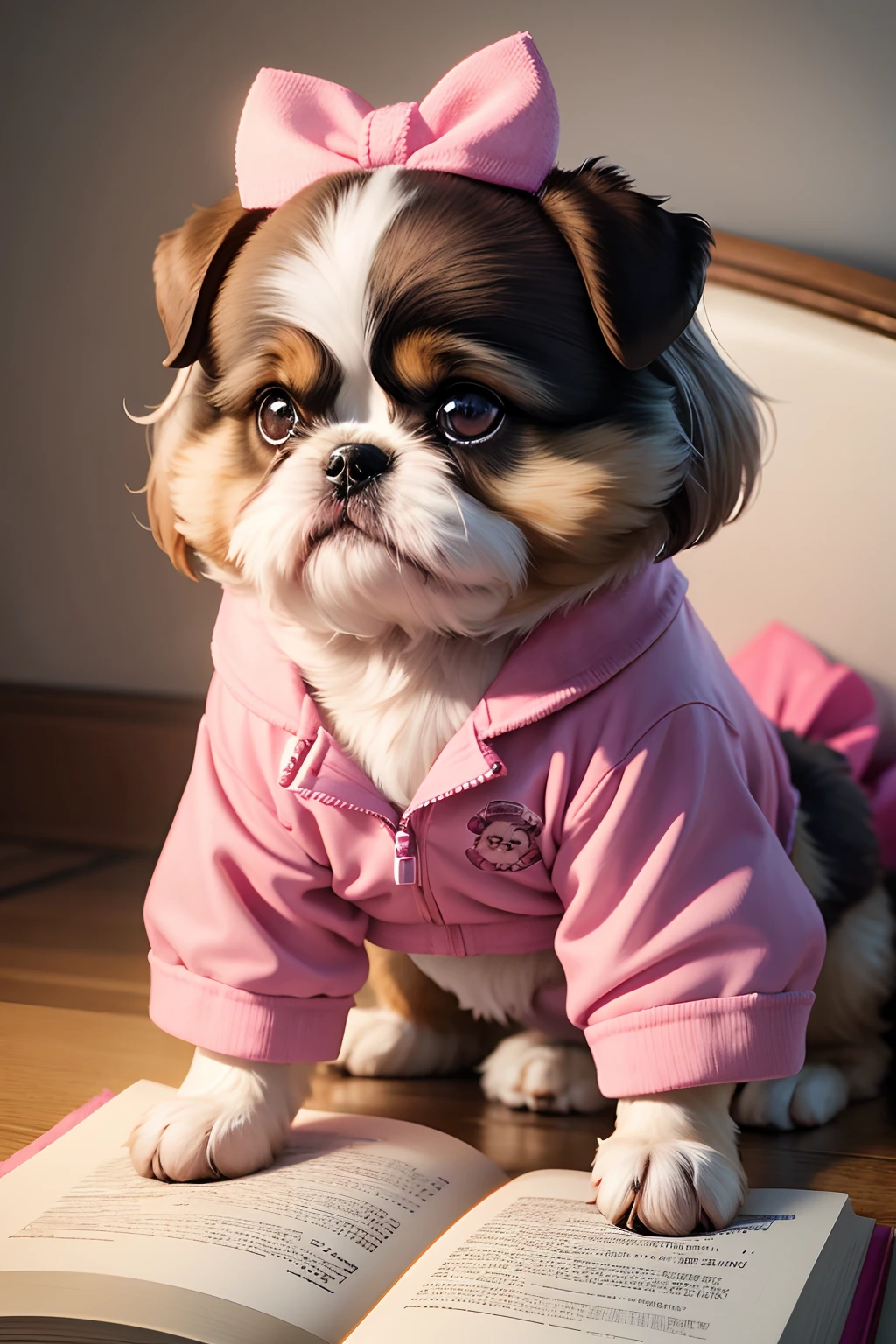 generate an image of a shih tzu dog.
Shih Tzu dog wearing a pink jacket and skirt, with a pink bow on its head.
the shih tzu dog should be sitting on a sofa, reading a book.
ultra realistic photo, 8k fulhd quality