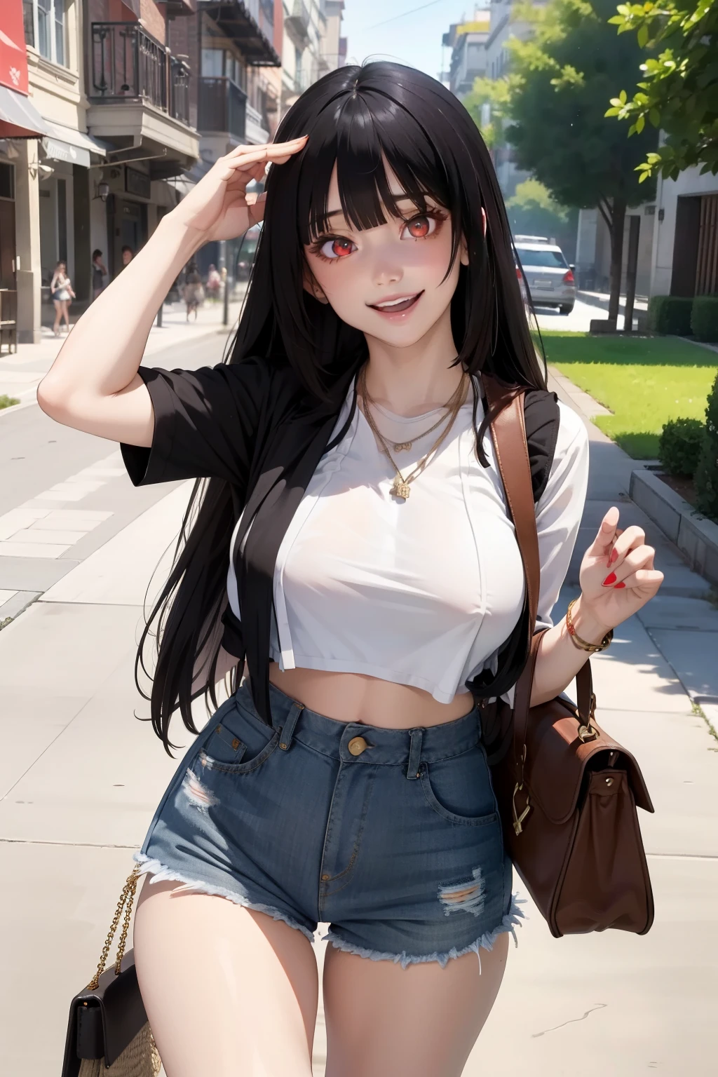 (masterpiece, best quality, ultra-detailed, 8k, wallpaper, photorealistic), (wide shot), beautiful girl, voluptuous body, perfect hands, (hmjy1), long straight hair, (blunt bangs), red eyes, psycho smile, excited smile, open mouth, erotic face, red face, bloodthirsty smile, (wear High-Waisted Denim Shorts, Crop Top), Espadrille Wedges, Layered Necklaces, Crossbody Bag, Sunglasses on her head