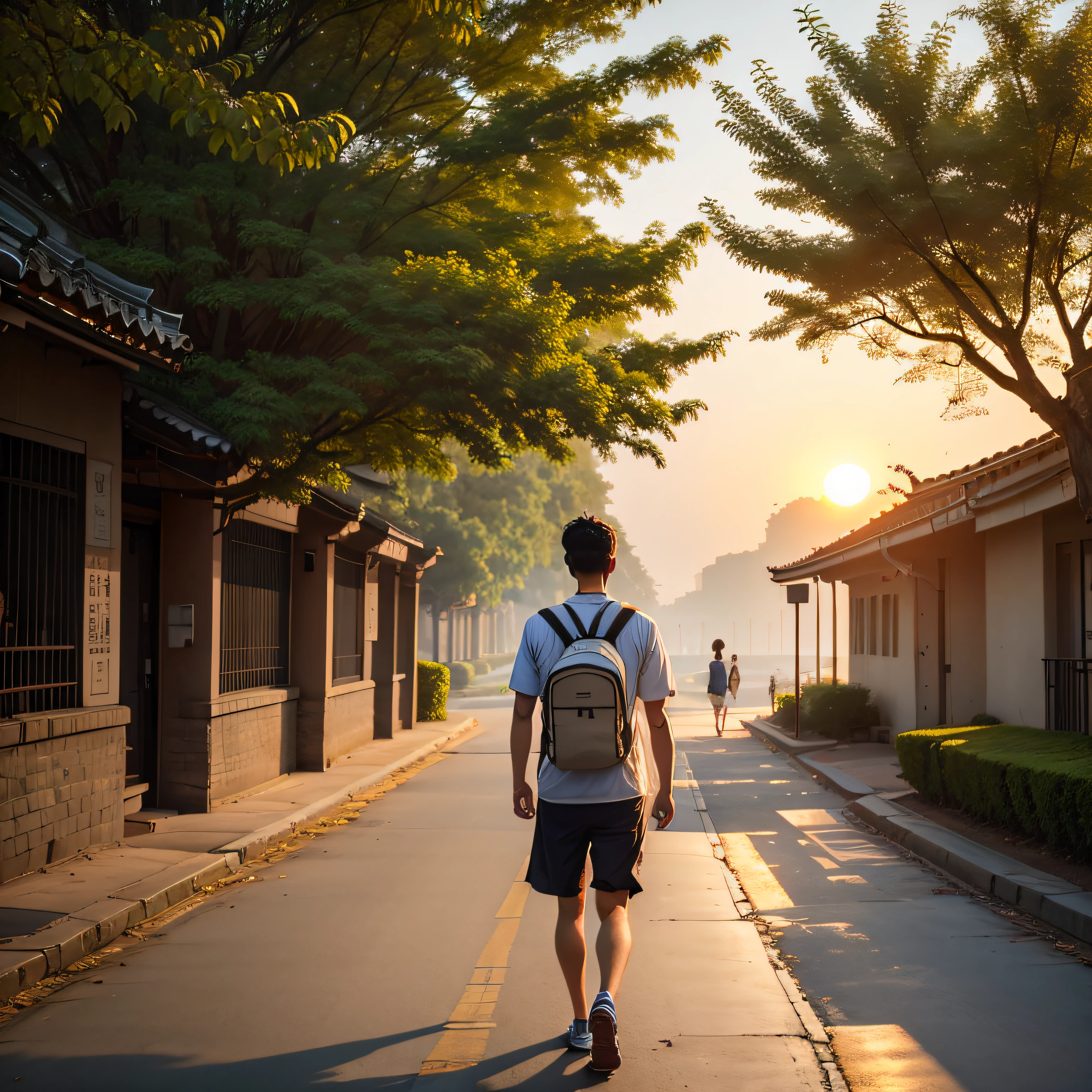 summer day，the setting sun，Yangtze River，Male college student，taking a walk --auto