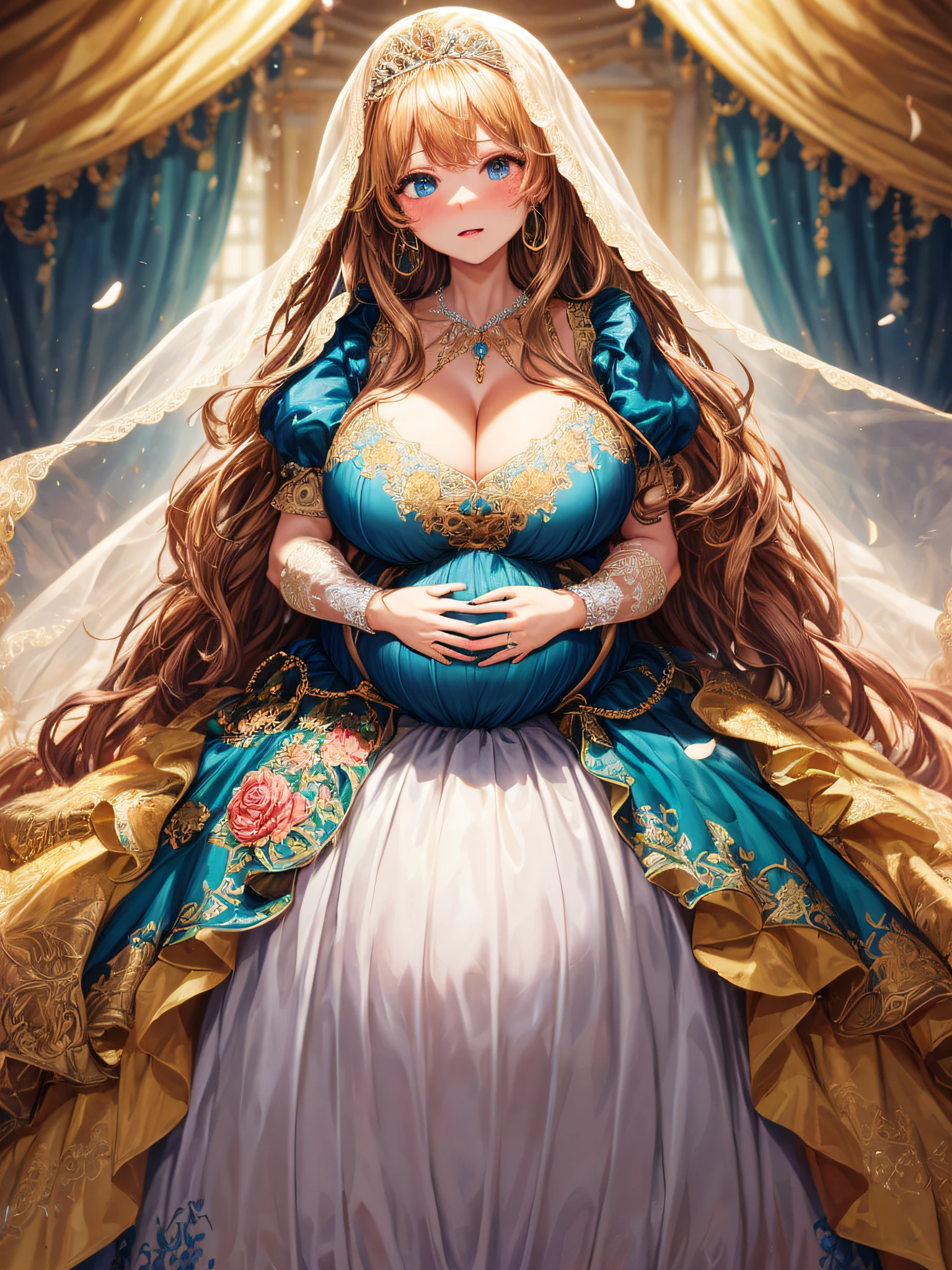 (masterpiece, best quality,extremely detailed:1.1),(moe anime art style:1.2),1girl,((full body,focus face)),((solo)), cute, kawaii,digital art,((1 bling-bling pregnant princess wearing beautiful embroidery and jeweled gorgeous rococo ballgown with jeweled voluminous full length hoop skirt)),(((heavily pregnant))),very big pregnant belly,((crinoline)),long train,voluminous frills,See-through,(gorgeous embroidery and beautiful lace),((very gigantic boobs,skindentation)),cleavage,shiny hair,(((very long straight hair,large amount of straight hair))),((embarrassed)),anguish,((finely detailed face and eyes)),clear pupil,extremely gorgeousfull hair ornament,(bling-bling jeweled extremely gorgeousfull tiara),(bling-bling gorgeous gemstone jewelry),long veil,beautiful background,fantasy background,flowers,flower petals flowing,full body,((beautiful embroidery and jeweled ruffled gorgeous rococo ballgown with voluminous full length hoop skirt))