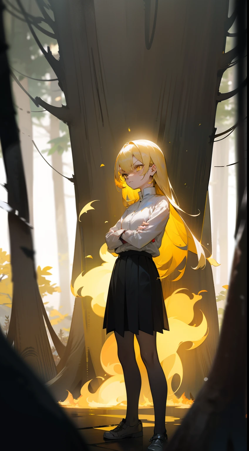 1girl small,solo,20s,angry face,(((woman face))),white shirt,black skirt, yellow hair,long hair,yellow eyes,(closed arms),burning body,burning on floor,(((standing in front of a forest)))
