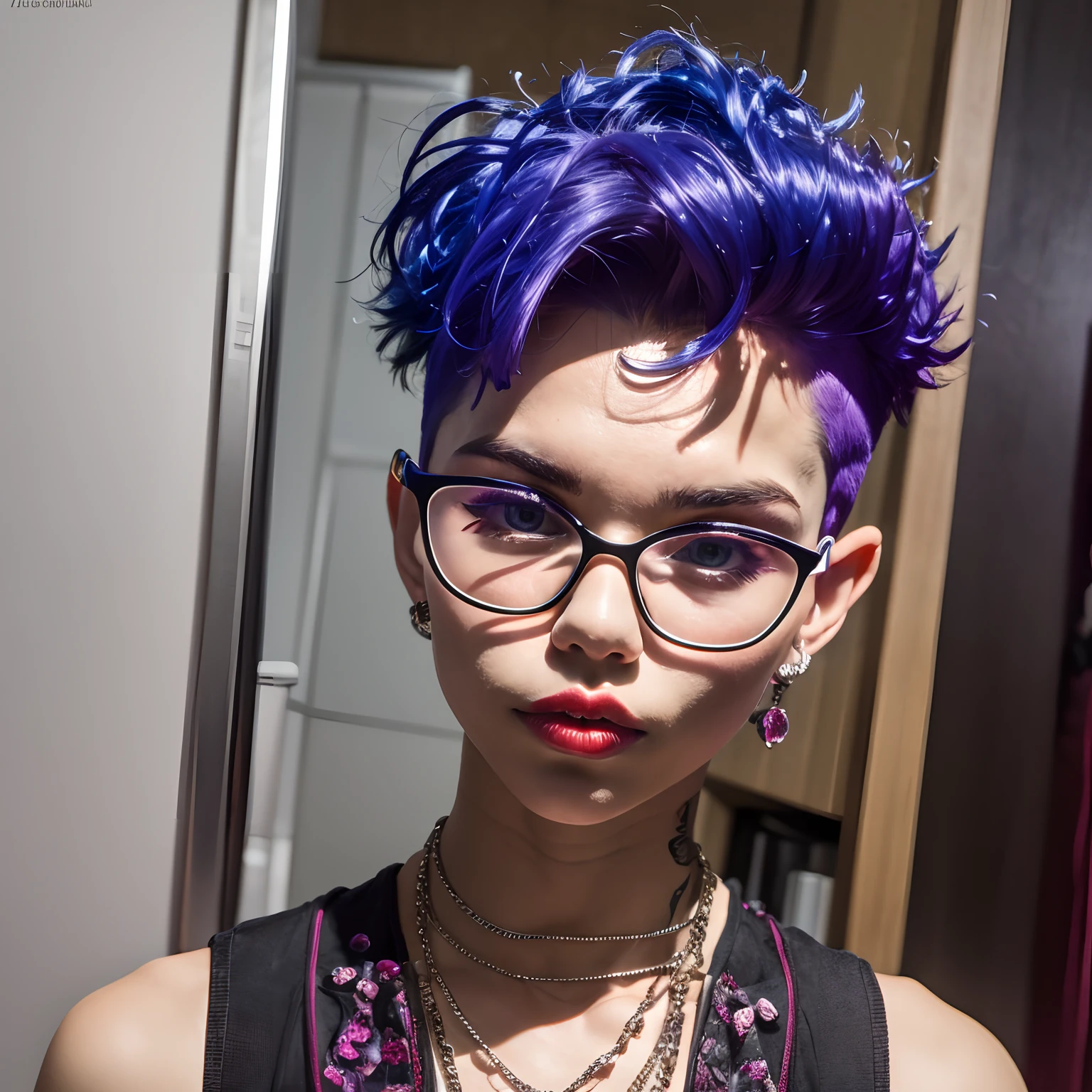 Ela parece uma mistura de Grimes, parece uma mistura de grimes, assemelhando-se a uma mistura de grimes, parece uma mistura de grimes, 18 anos, androgynous person, piercings e um moicano, cabelo roxo curto com undercut, brincos enormes e maquiagem queer, acid pixie, molly, melanie martinez, ela esta no quarto virada para um espelho, olhando para seu reflexo, ela ta vestindo uma casaco, e esta se maqueando