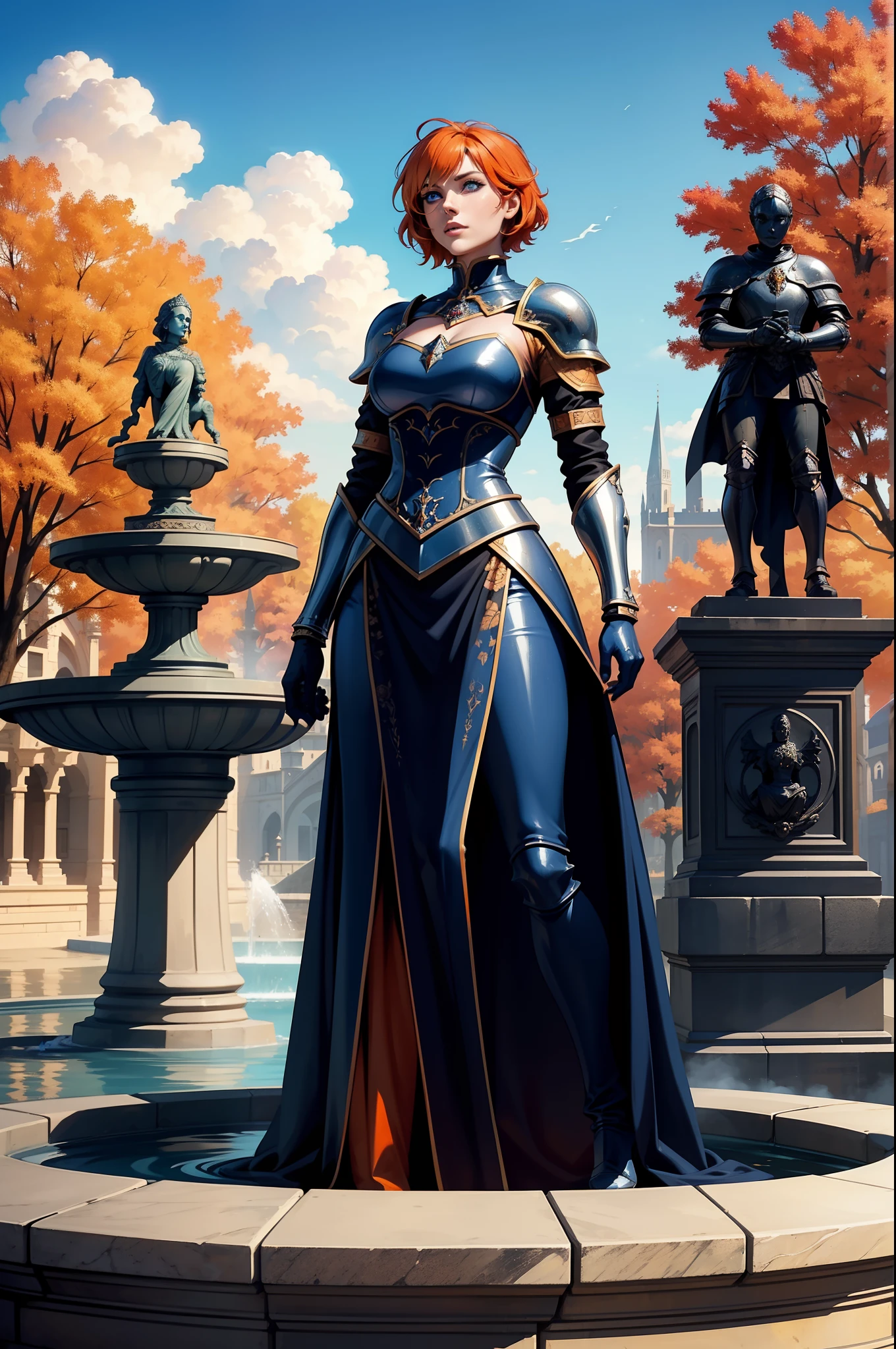 A beautiful and wonderful woman, extremely detailed, short orange hair, wearing extremely detailed Gothic armor, blue eyes in a fountain with statues in a medieval public square, palace, blue sky full of clouds and autumn trees.