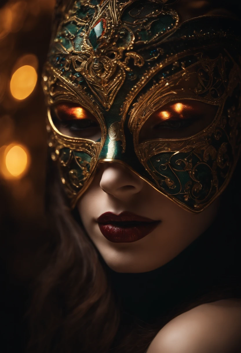 Person wearing a mask that covers only one side of the face, with cinematic lights.