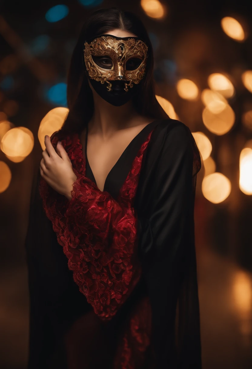 Person wearing a mask that covers only one side of the face, with cinematic lights.