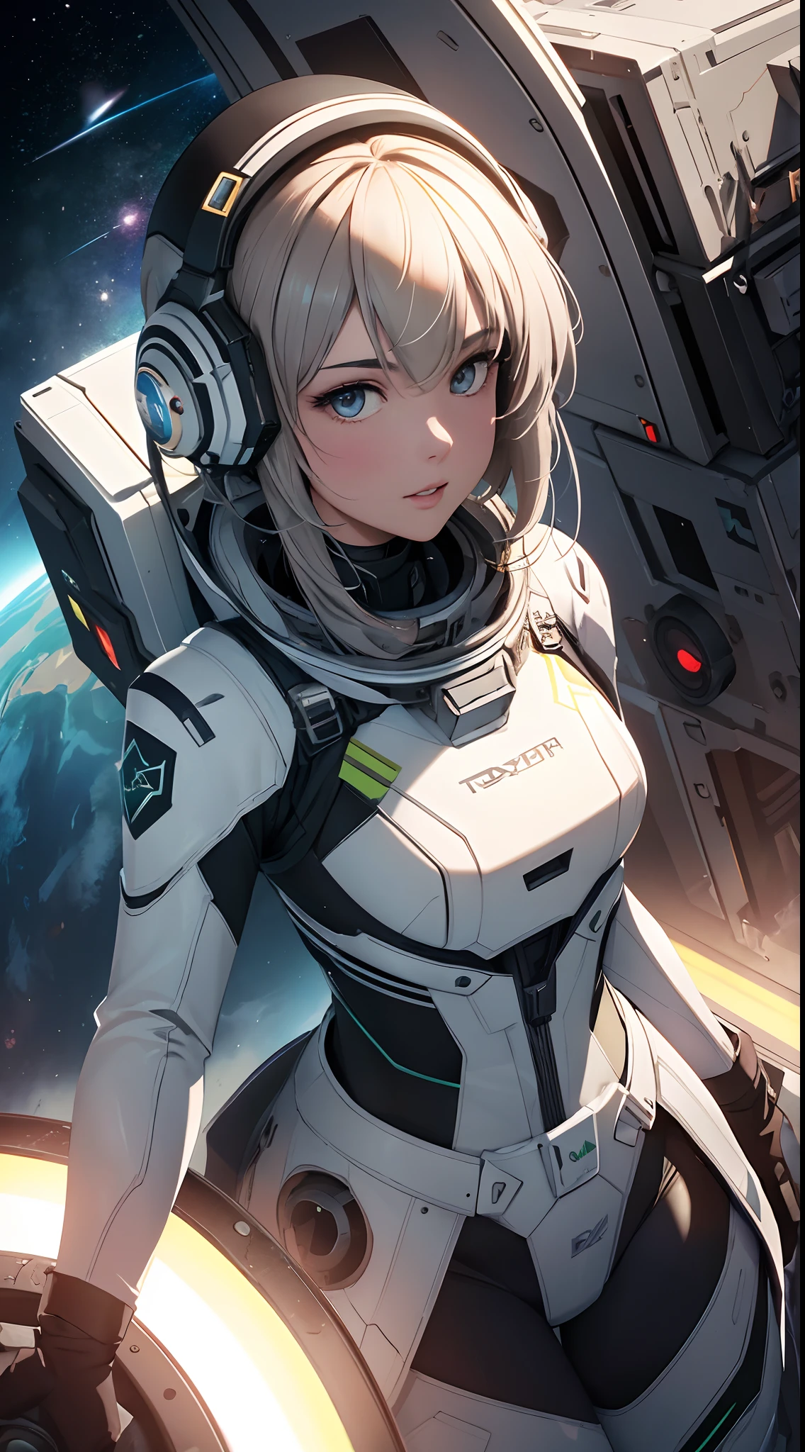 ((Best quality)), ((masterpiece)), (detailed:1.4), 1girl, from above, space, stars, space station, earth, floating, astronaut, gloves, helmet, space suit, dynamic angle, HDR (High Dynamic Range), Ray Tracing, NVIDIA RTX, Super-Resolution, Unreal 5, Subsurface scattering, PBR Texturing ,Post-processing, Anisotropic Filtering, Depth-of-field, Maximum clarity and sharpness, Multi-layered textures, Albedo and Specular maps, Surface shading, Accurate simulation of light-material interaction, Perfect proportions, Octane Render, Two-tone lighting, Wide aperture, Low ISO, White balance, Rule of thirds, 8K RAW, absurd res, high res, ultra-detailed,
