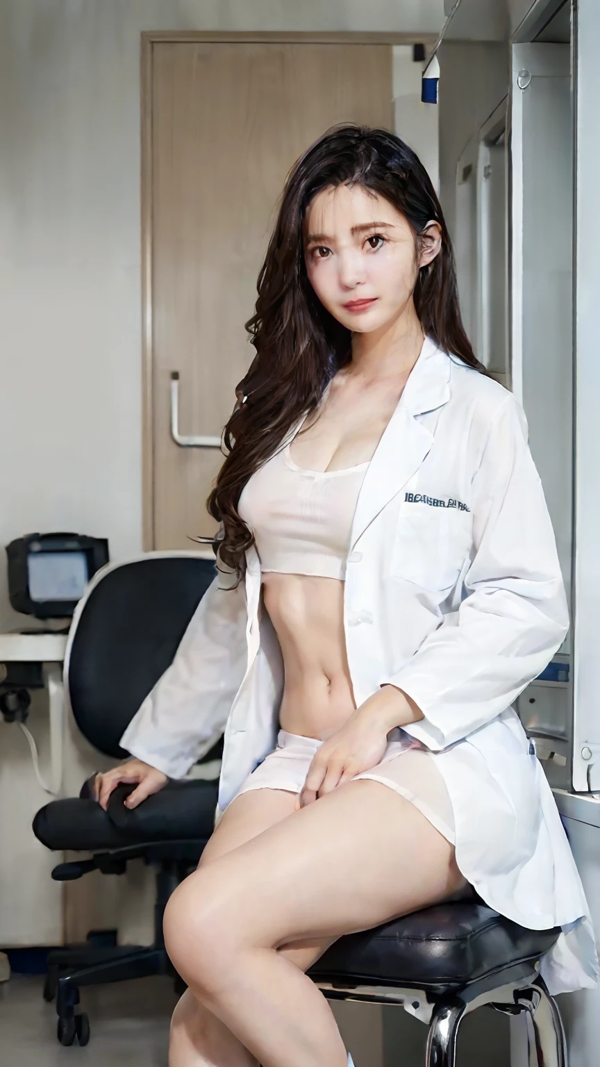 (((Naked under a lab coat)))、(((Appearance during treatment)))、medical mask、((Don't wear panties)), (((Leaning forward to look into the patient)))、(((Independent lab coat)))、(8K、top-quality、​masterpiece:1.2)、(reallistic、Photorealsitic:1.2)、 Phenomenally cute girl、18year old、(((Neat and clean lab coat)))、(((Hmm.)))、独奏、hospitals、sit on a chair with one's legs crossed、watching at viewers、(sit a chair:1.5)、(((Hospital Patient Rooms)))、Chest that looks like it's going to burst、Fine and beautiful eyes、)、(Dark blonde hair:1)、(Mature:1.1)、skirt by the, Nurse lab coat, Black stockings, A dark-haired, bblurry, blurry backround, knee high, Ro Black Pumps, life-like, length hair, s lips, Brown-eyed, Black socks, Onepiece, Accept the phallus from behind、 looking to side, ​masterpiece, top-quality, ultra-detailliert、Inviting eyes、