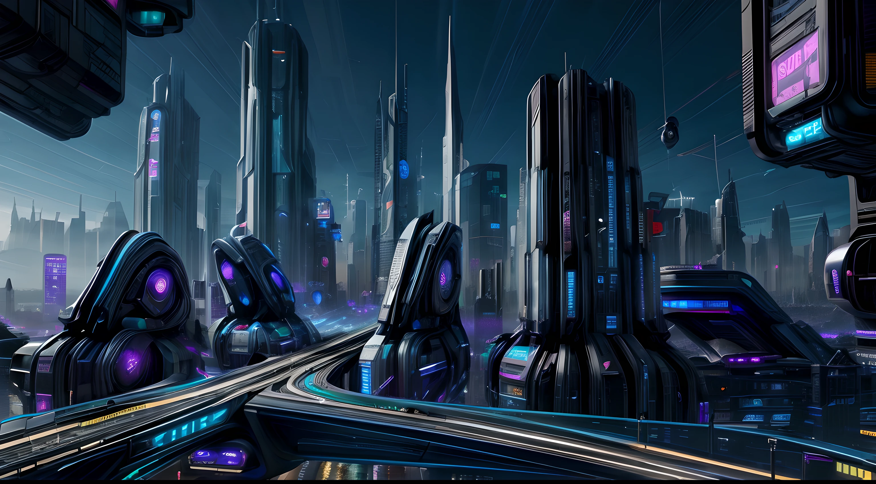 "A futuristic cityscape with flying cars, in a cyberpunk style. Hyper-detailed and realistic, 8k resolution."