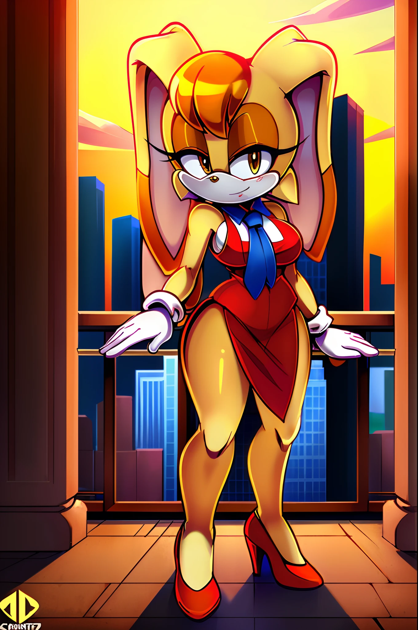 masterpiece, best quality, vanilla the rabbit, brown eyes, animal nose, sonic the hedgehog (series), short hair, orange hair, white gloves, looking at viewer, standing, red high heels, rabbit girl, medium breasts, breasts, sonic the hedgehog \(series\), furry, furry female, highly detailed, detailed background, mature female, city, buildings, outside, (uploaded on e621), (((by marthedog, by chadthecartoonnut, by avante92))), dress, blue ascot, red vest,