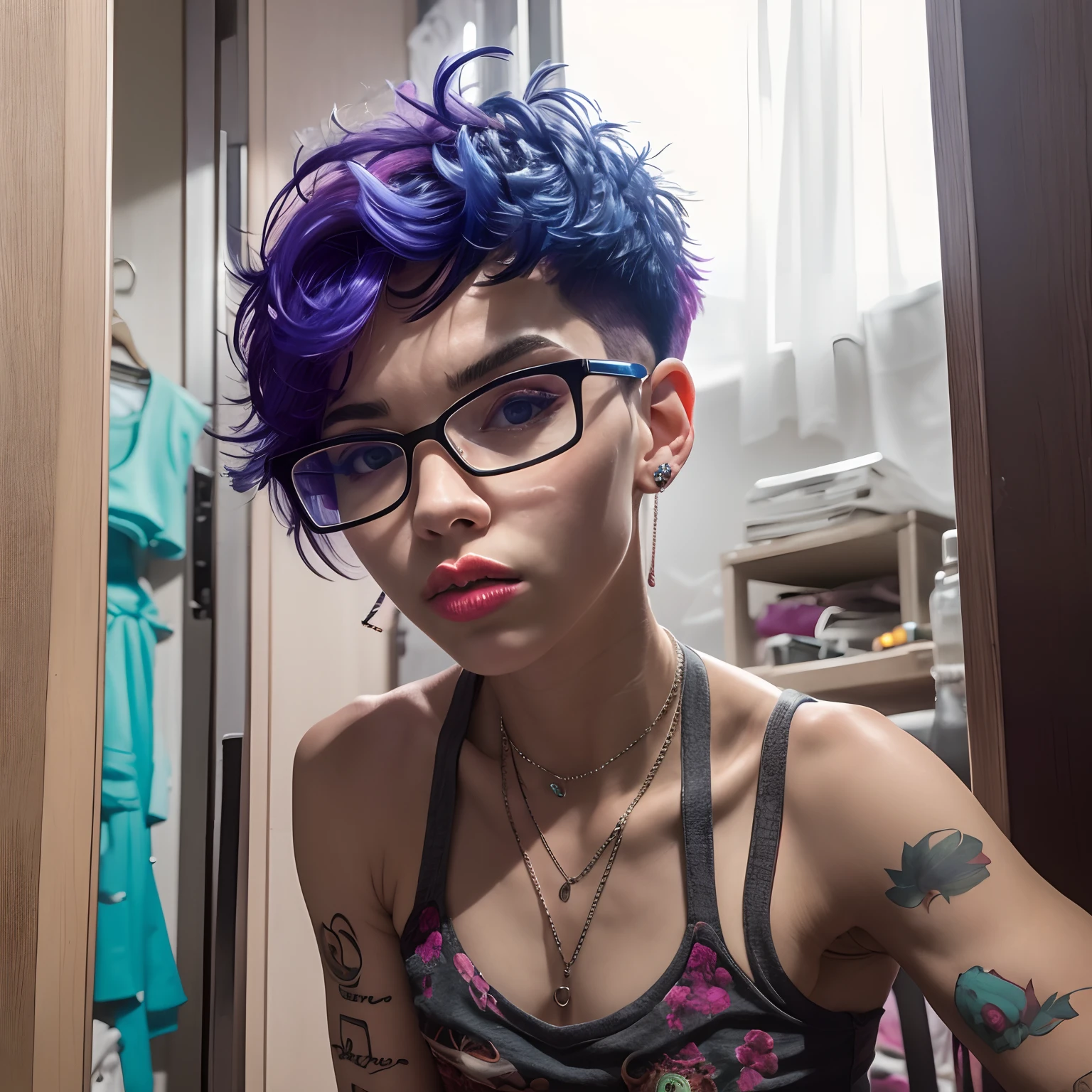 Ela parece uma mistura de Grimes, parece uma mistura de grimes, assemelhando-se a uma mistura de grimes, parece uma mistura de grimes, 18 anos, androgynous person, piercings e um moicano, cabelo roxo curto com undercut, brincos enormes e maquiagem queer, acid pixie, molly, melanie martinez, ela esta no quarto virada para um espelho, olhando para seu reflexo, ela ta vestindo uma casaco, e esta se maqueando