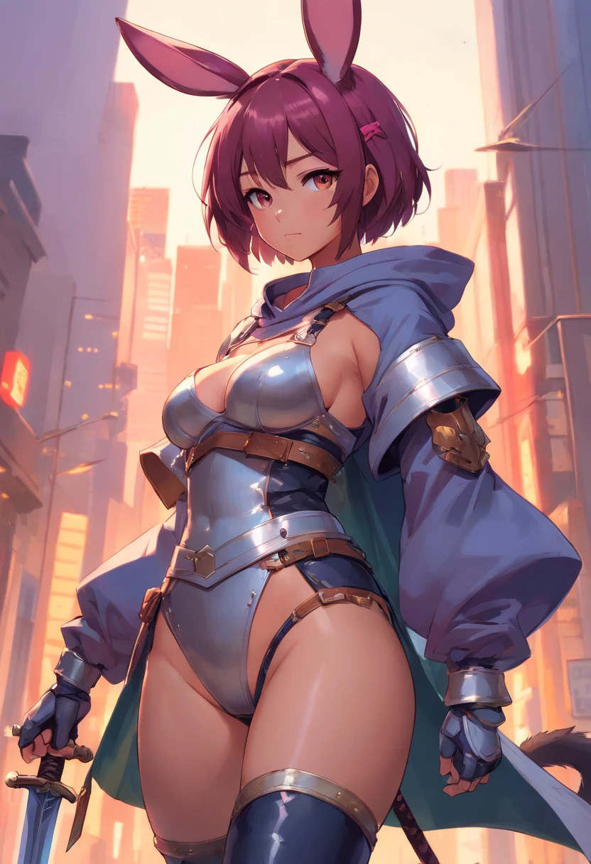 brown skin girl. Her figure, busty, curvy, proper direction, bunny ears, cat tail, Magenta hair color, dark magenta eyes, brown skin, sword in hand, large ragged cloth like cape wrapped around waist, chest armor, gauntlet, black long sleeve shirt under armor, chest armor, hoodie, properly drawn sword, magic sword, cloth wrapped around her waist, properly drawn sword in hand, bunny ears, cat's tail digital painting, digital illustration, extreme detail, digital art, Knight Armor, baggy puffy pants, metal boots, fully armored. cloth wrapped around her waist. Hold a sword. Baggy pants, busty