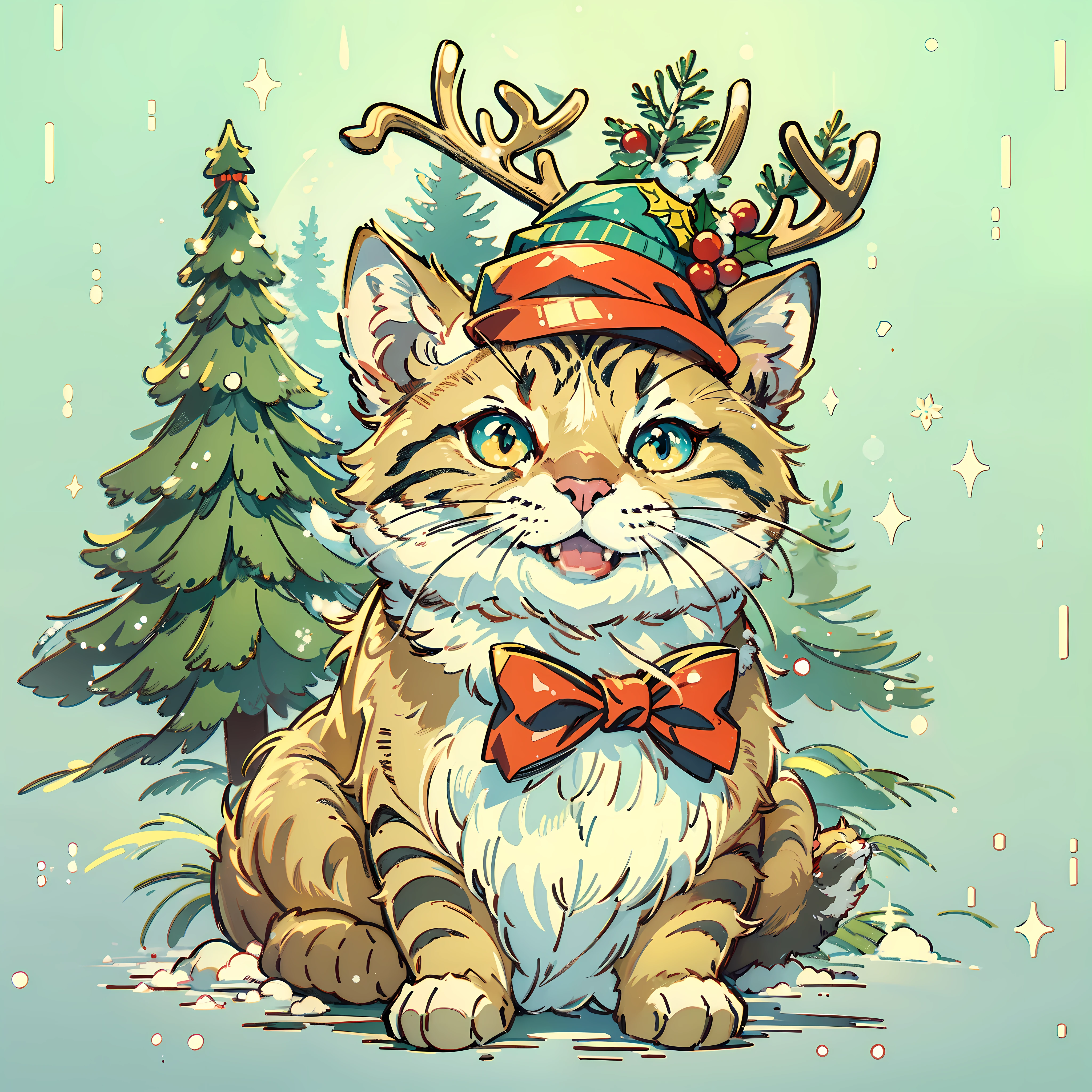 "cute cat smile wearing a reindeer hat and a bow tie, pine tree Snow behind, merry Christmas style, ultra-high detail, (((white background))), cartoon Style, vector illustration, high quality, 12k, solid colors, ornate, 6 warm colors, sticker design, professional t-shirt design, vector t-shirt art ready to print, (Masterpiece, Best Quality, Highres:1.4)"