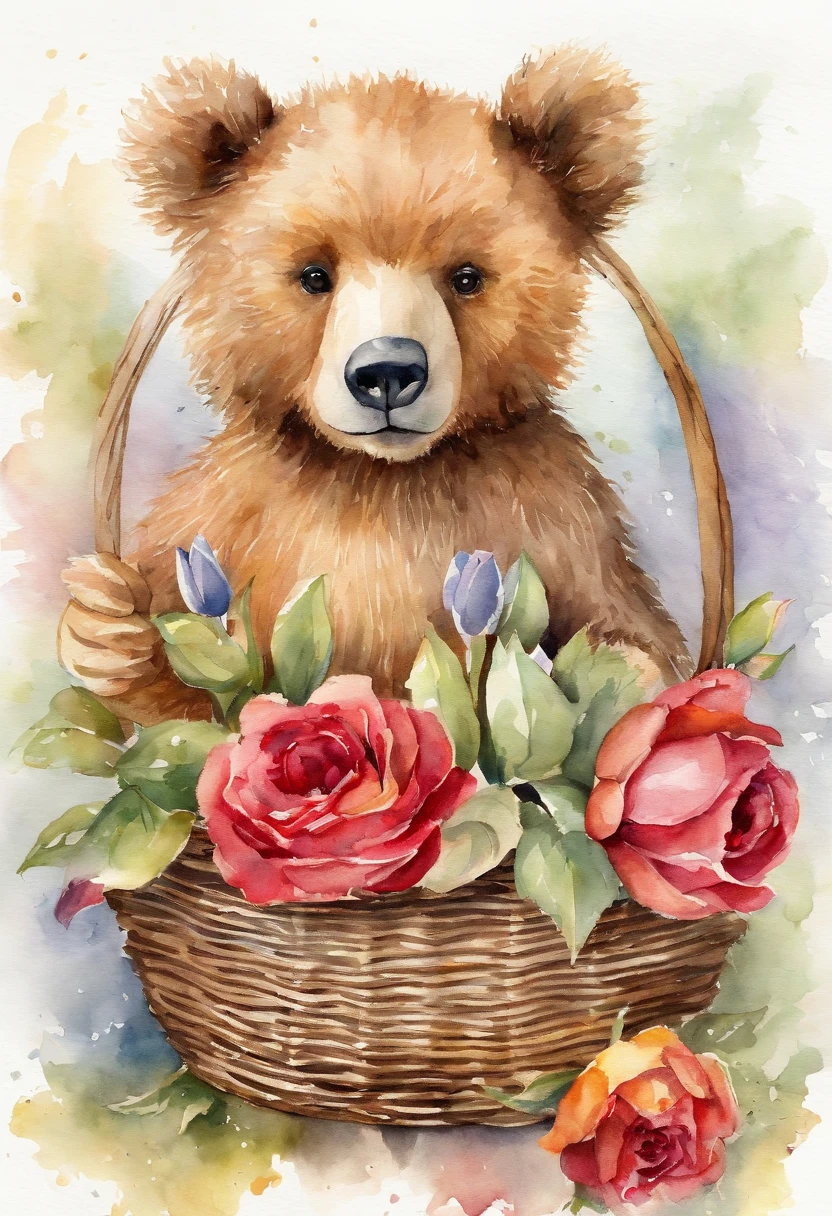 finely detailed watercolor painting of cute bear in a basket with roses and tulips