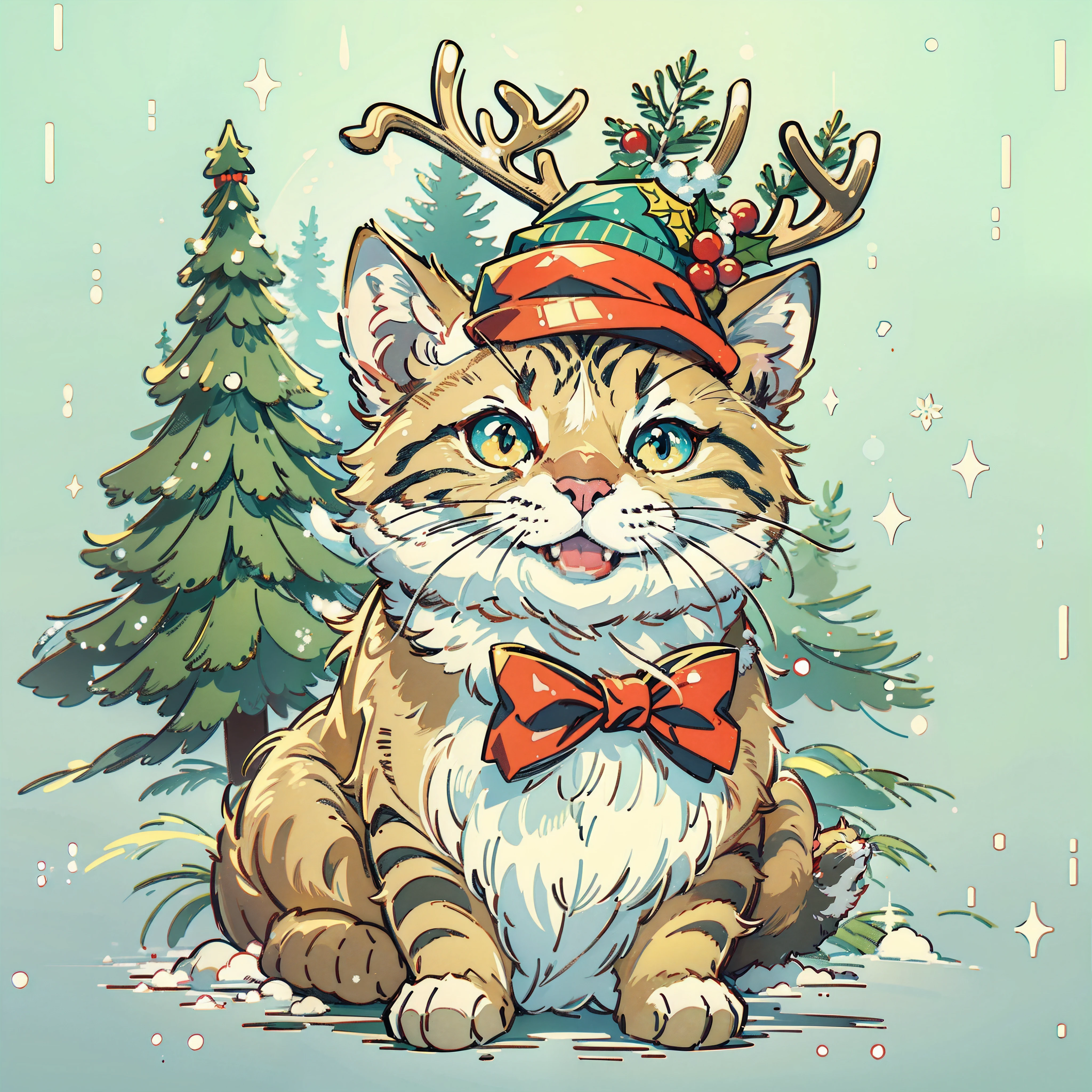 "cute cat smile wearing a reindeer hat and a bow tie, pine tree Snow behind, merry Christmas style, ultra-high detail, (((white background))), cartoon Style, vector illustration, high quality, 12k, solid colors, ornate, 6 warm colors, sticker design, professional t-shirt design, vector t-shirt art ready to print, (Masterpiece, Best Quality, Highres:1.4)"