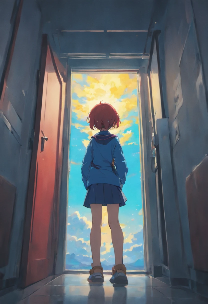in a poorly lit classroom, the person with opened the door halfway and looked out, outside there was a red and blue cloud,