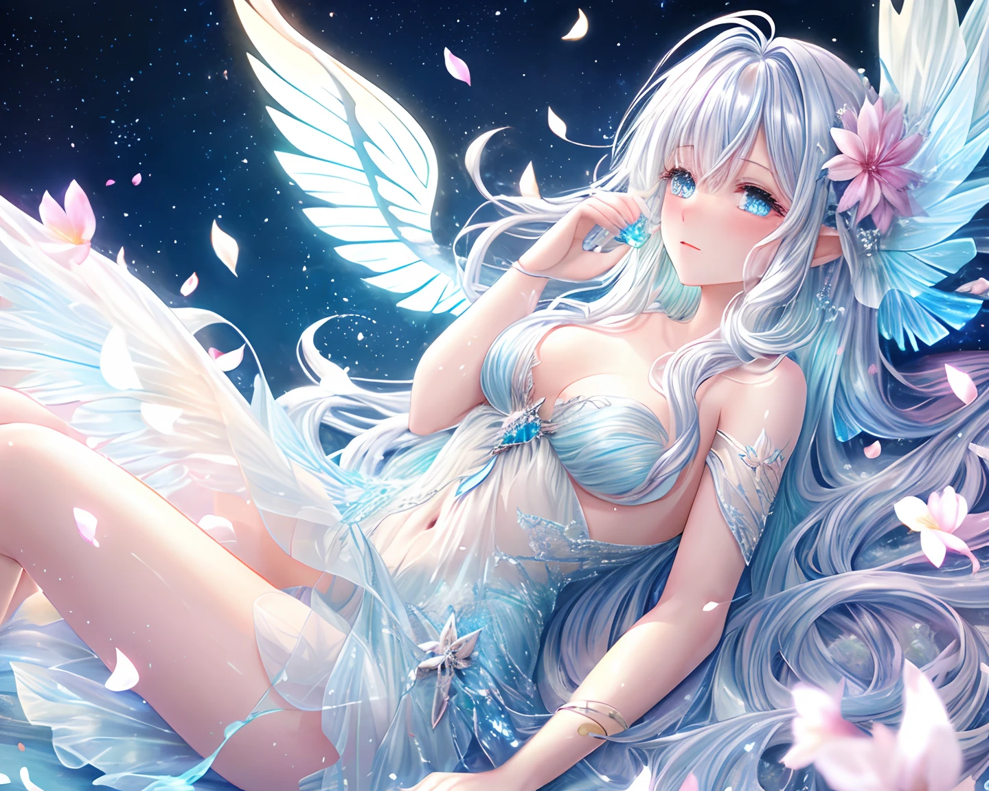 An ethereal fairy, with opalescent wings, flowing petals, and silvery accents, radiating enchantment and beauty.