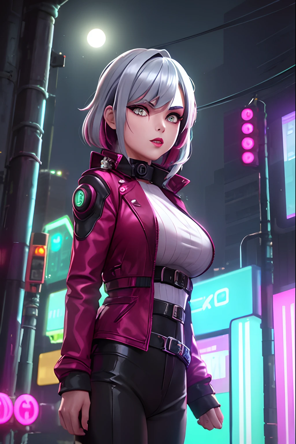 lucy \(cyberpunk\), 1girl,  hair scrunchie, hime cut, silver hair, colored tips, full moon, grey eyes, jacket, long sleeves, looking at viewer, medium hair, multicolored hair, parted bangs, parted lips, pink hair, portrait, red eyeliner, red lips, solo, white jacket, cyberpunk \(series\), rainy night in a cyberpunk city with glowing neon lights