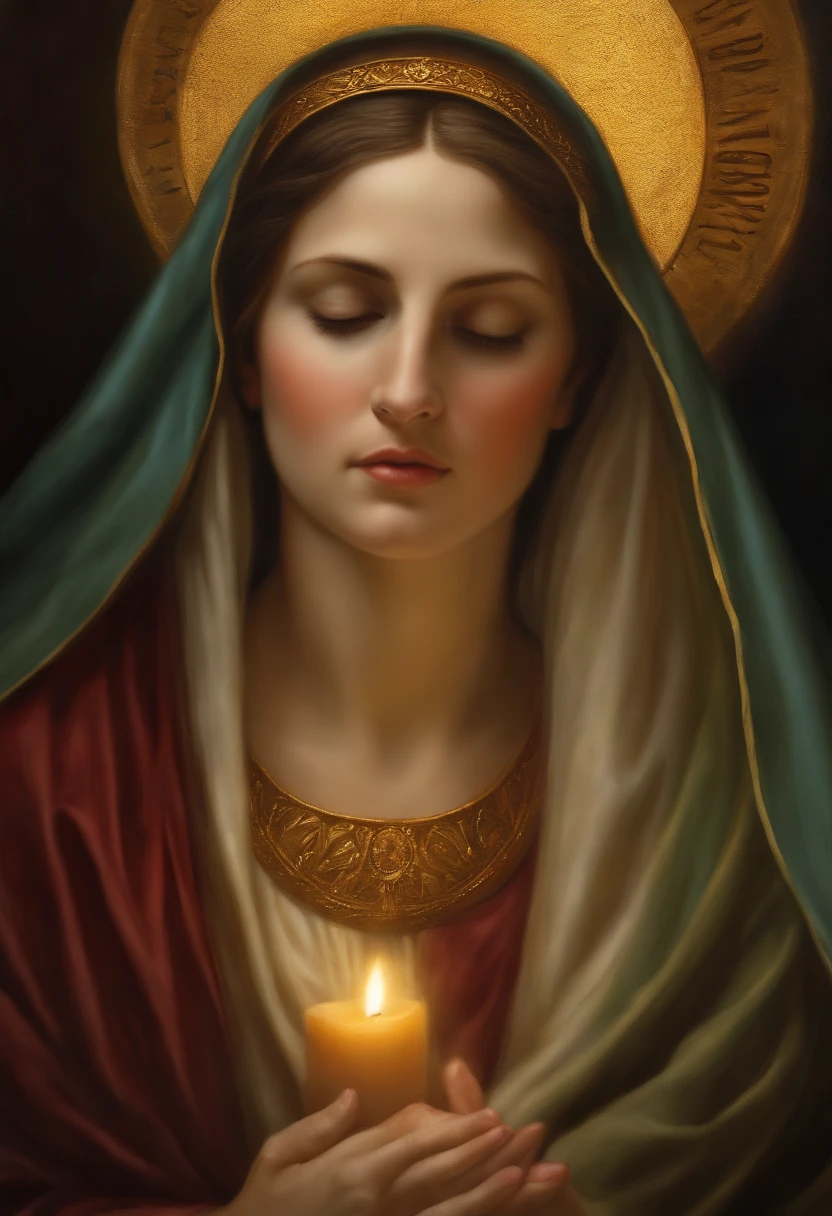 Crie uma imagem realista ,  Onde acima desce pairando a Virgem Maria descendo como um santo. the image needs to reflect the passage in the Bible where Paul describes his rapture.