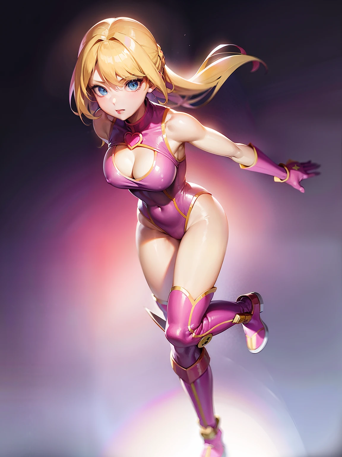 anime girl with blonde hair and blue eyes in a pink outfit, full body zenkai! asuka suit, fighting game character, portrait of a female anime hero, anime character art, female action anime girl, black magician girl, zero suit samus, female anime character, fight pose, game art!!, anime character, bubblegum body, cushart kenz, tornado winds