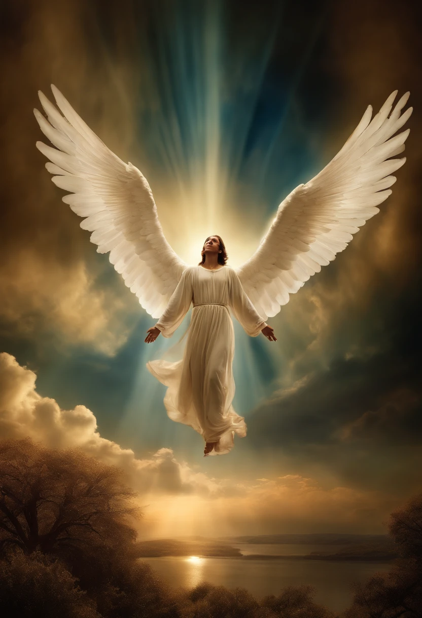 Crie uma imagem realista , Where an angel with great wings descends from the heavens above hovering like a saint. the image needs to reflect the passage in the Bible where Paul describes his rapture.