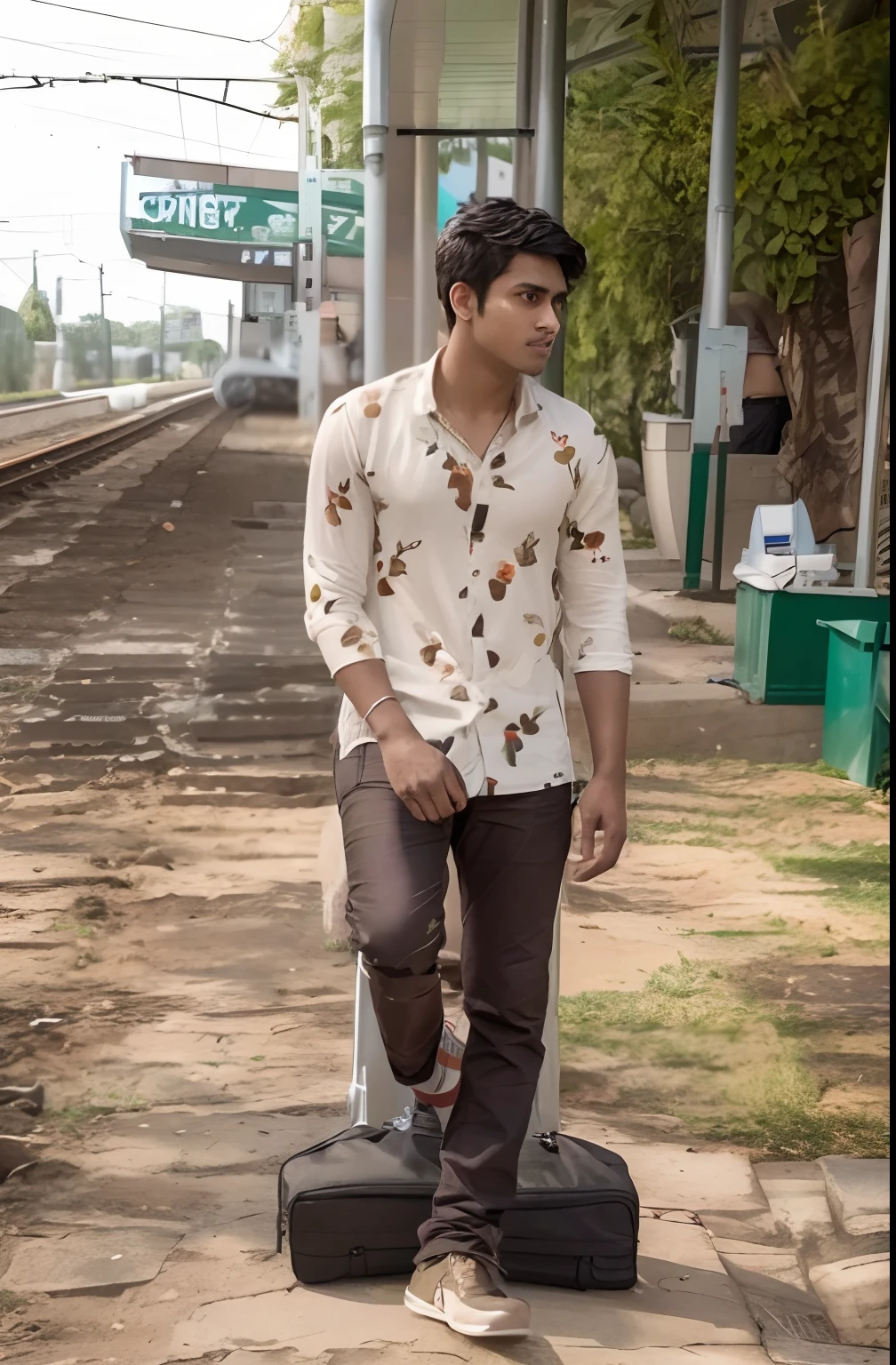 Raw photo, Handsome 20 year old Indian brown boy, standing on a platform in a train station, stylish pose, modeling shoot, casual photography, * colour splash *, full body photogenic shot, shot on sony a 7, with a cool pose, candid picture, photorealistic background, hyper realistic, best detailed, high resolution, 8k uhd, extremely detailed photo, detailed face, depth of field, hyperrealistic, detailed face, detailed cloths, detailed background,