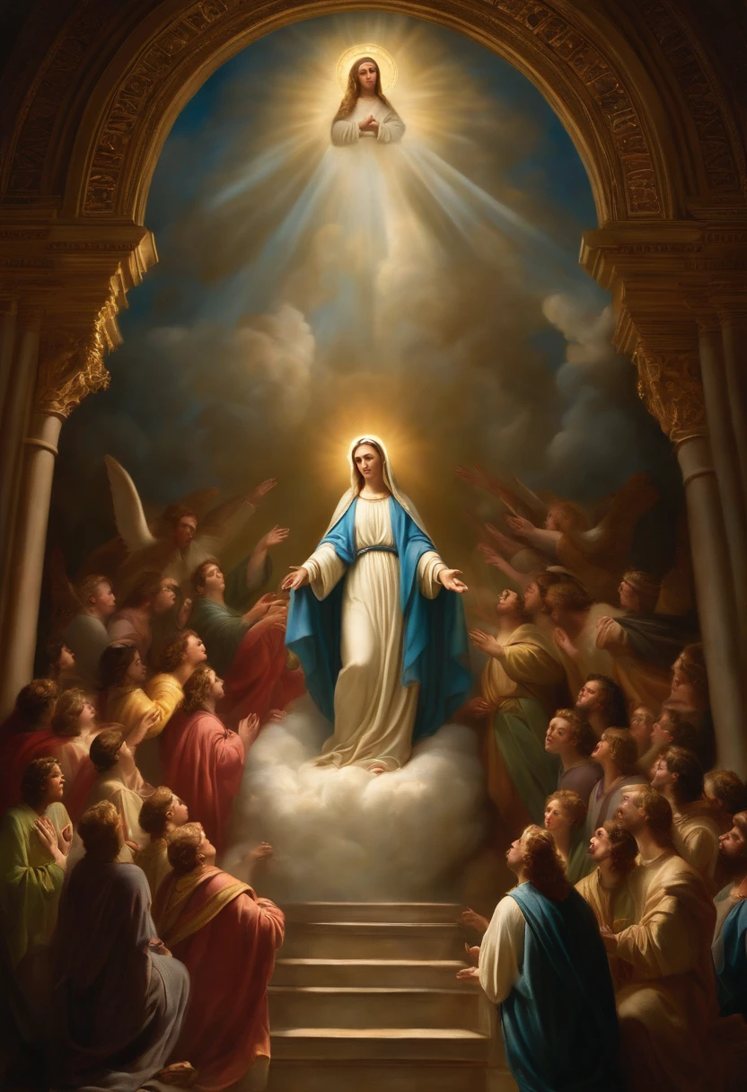 Crie uma imagem realista , Where Virgin Mary descends from heaven as a saint. the image needs to reflect the passage in the Bible where Paul describes his rapture.