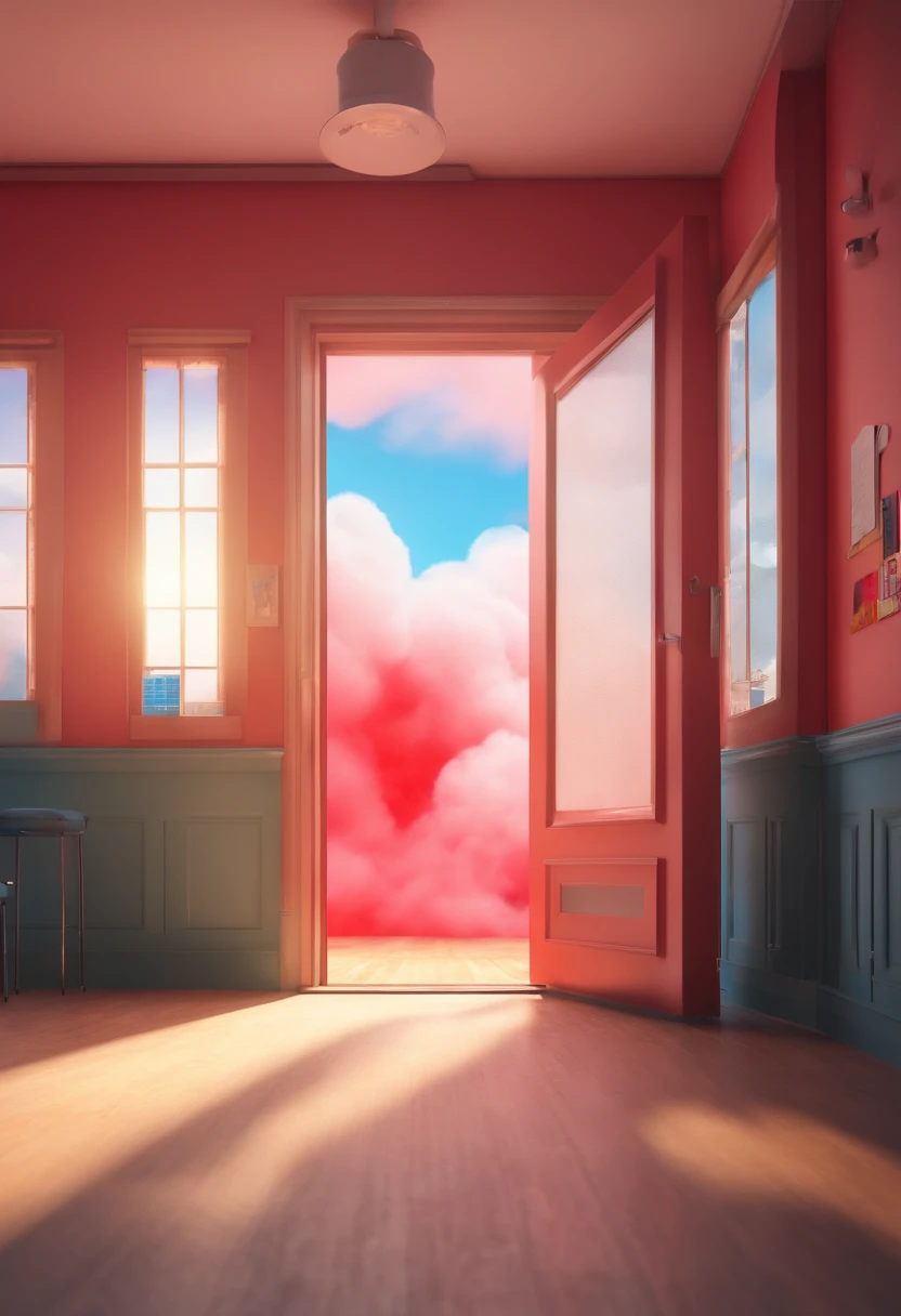in a poorly lit classroom, the person with opened the door halfway and looked out, outside there was a red and blue cloud,