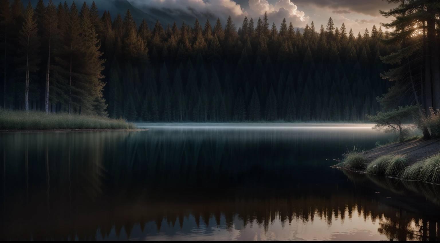 wallpaper, summer, lake, dawn, forest, detailed forest, clouds, masterpiece, cinematic, soft light, depth of field, ray tracing, reflection in water, realism, ulra detailed,