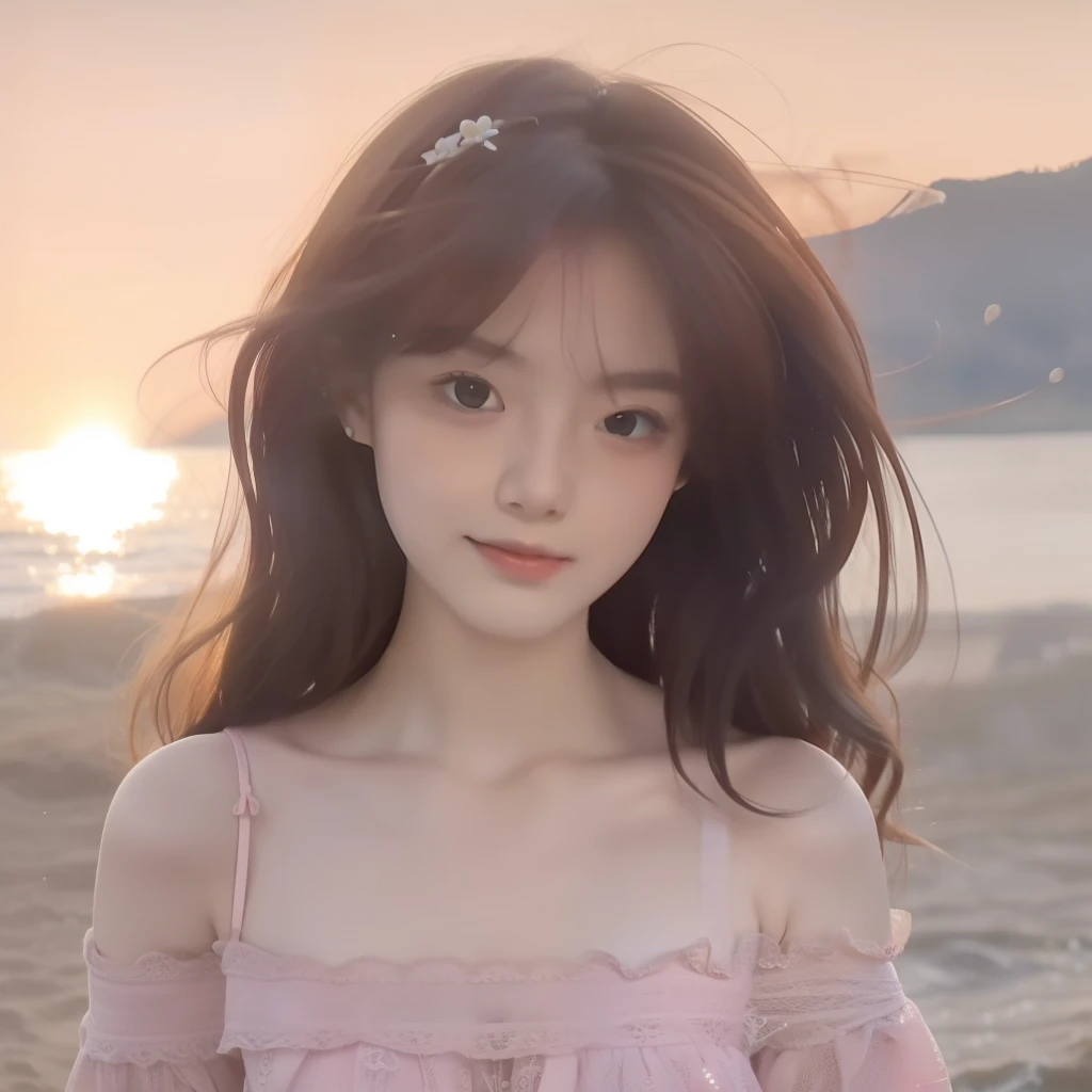 A nice and cute ，Highest image quality，Beautiful graphics，Dingdall effect，largeeyes，long eyelasher，Light pink off-the-shoulder dress，There are collarbones，Long slightly curly hair，Perfect facial features，Clear face，Delicate lips，malancholic look，the setting sun，Beautiful background for sunset by the sea，Gentle light，modern day，realisticlying