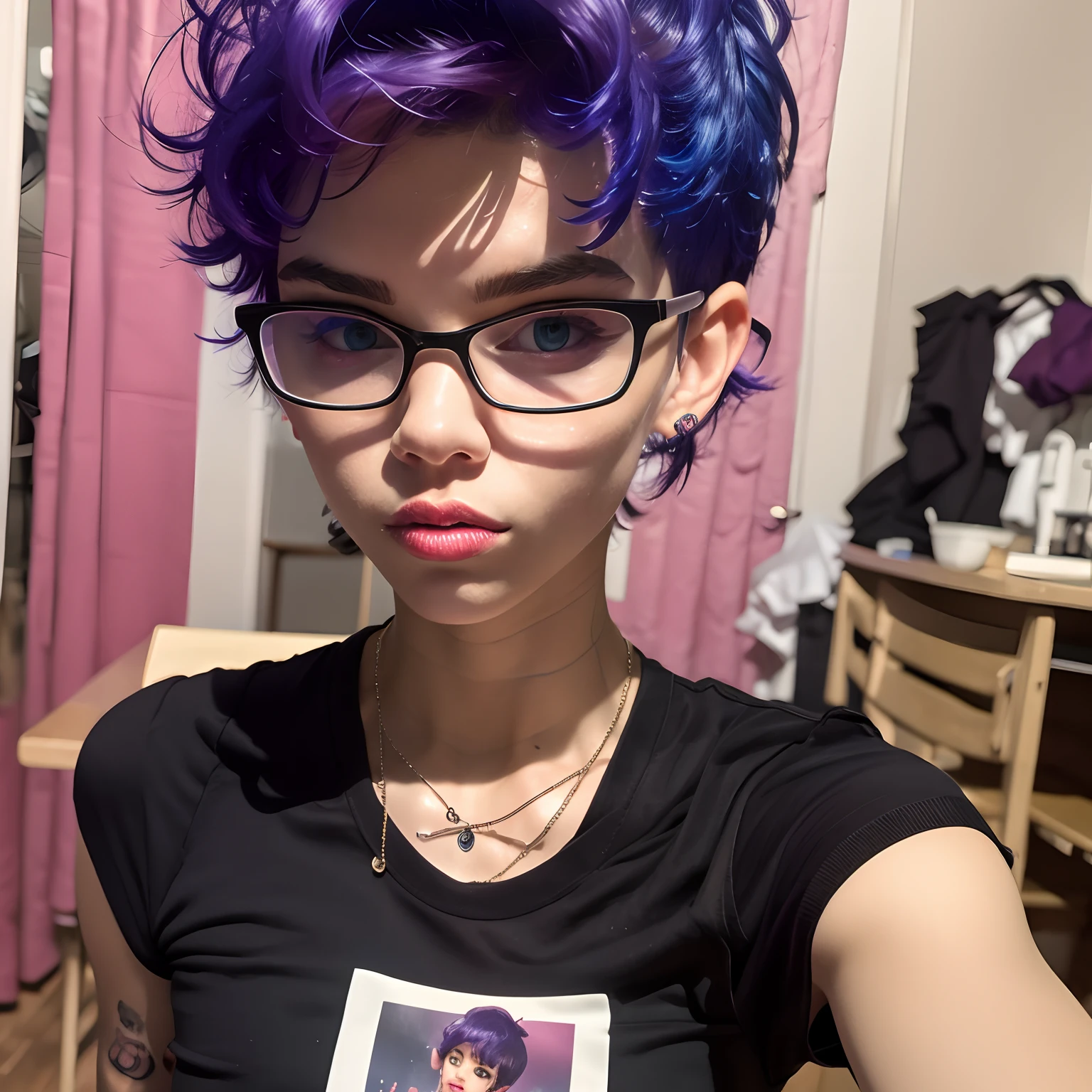 Ela parece uma mistura de Grimes, parece uma mistura de grimes, assemelhando-se a uma mistura de grimes, parece uma mistura de grimes, 18 anos, androgynous person, piercings e um moicano, cabelo roxo curto com undercut, brincos enormes e maquiagem queer, acid pixie, molly, melanie martinez, ela esta no quarto virada para um espelho, olhando para seu reflexo, ela ta vestindo uma casaco, e esta se maqueando