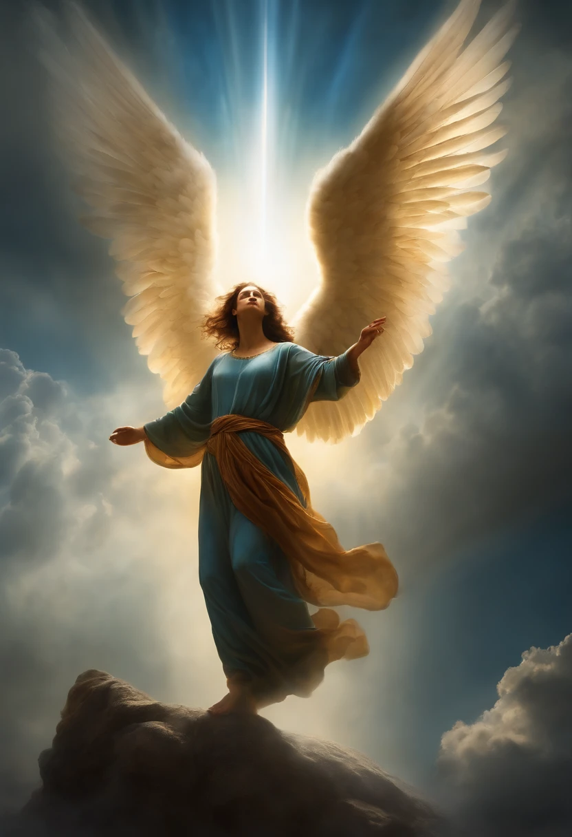 Crie uma imagem realista , Where an angel with great wings descends from the heavens above hovering like a saint. the image needs to reflect the passage in the Bible where Paul describes his rapture.